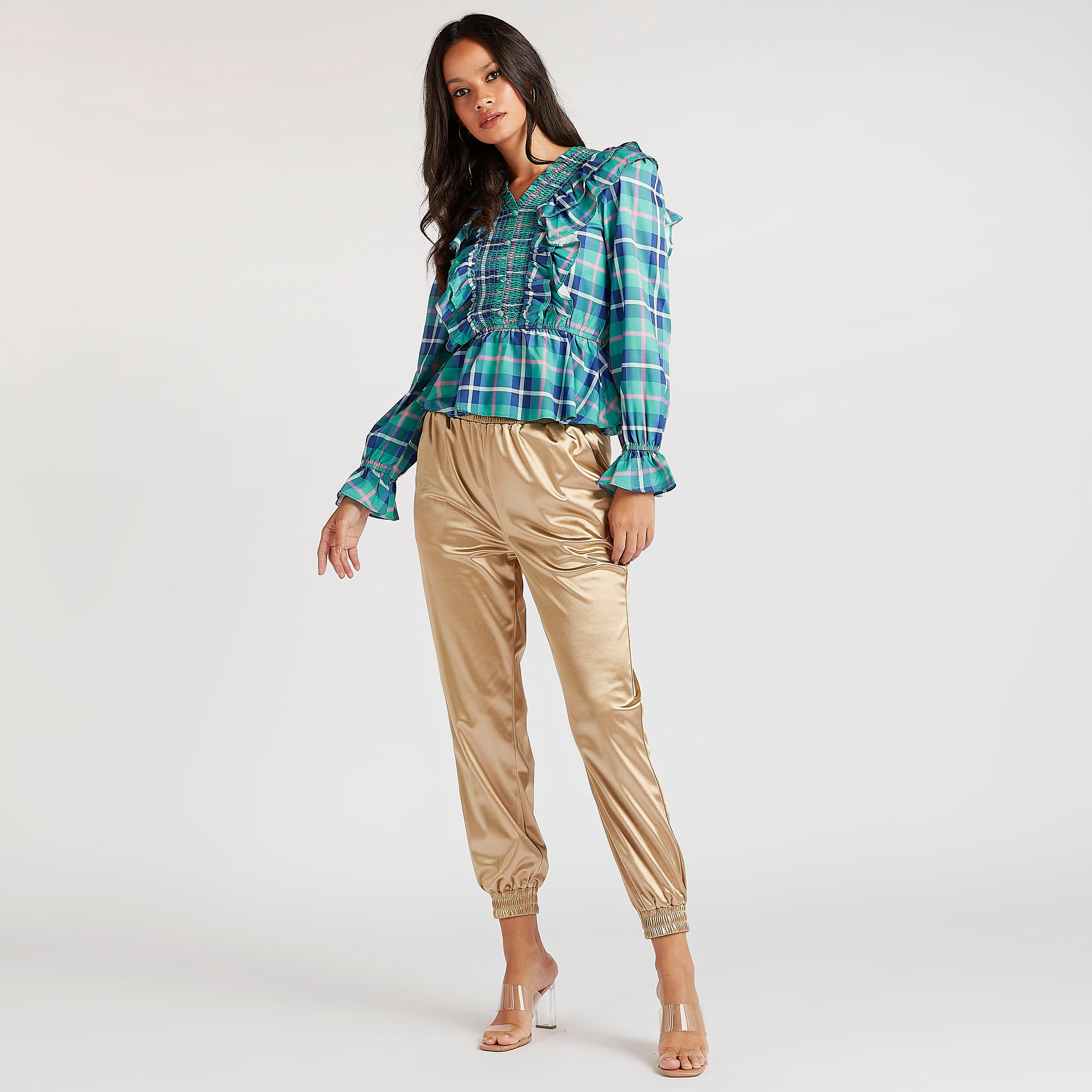 بلوزة كاروهات بأكمام طويلة وكشكشة وتزيينات مطرّزة-women-clothing-shirtsandblouses-blouses-image-2