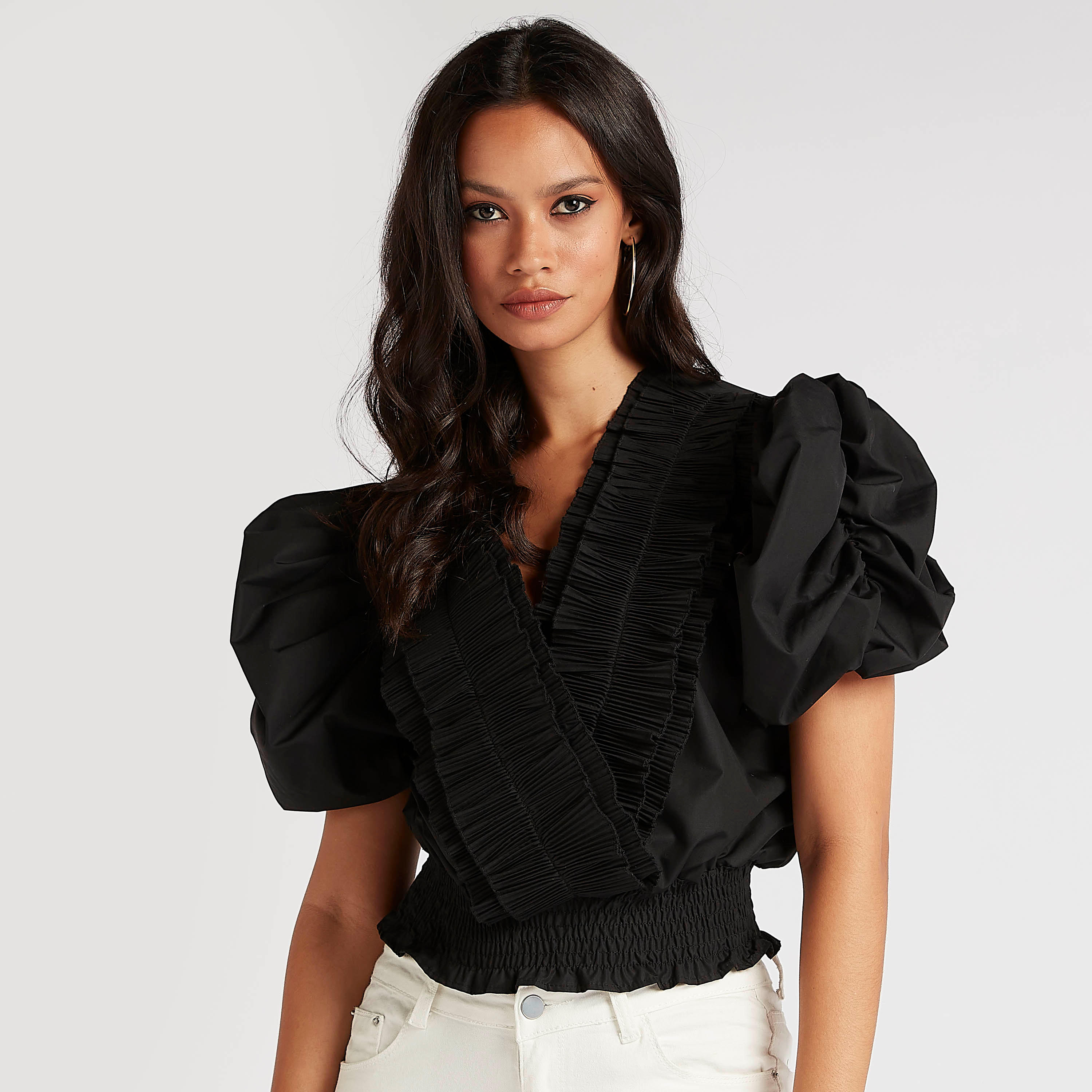 قميص سادة بأكمام منفوخة بارز الملمس وتفاصيل كشكشة من تو إكستريمز-women-clothing-shirtsandblouses-blouses-image-1