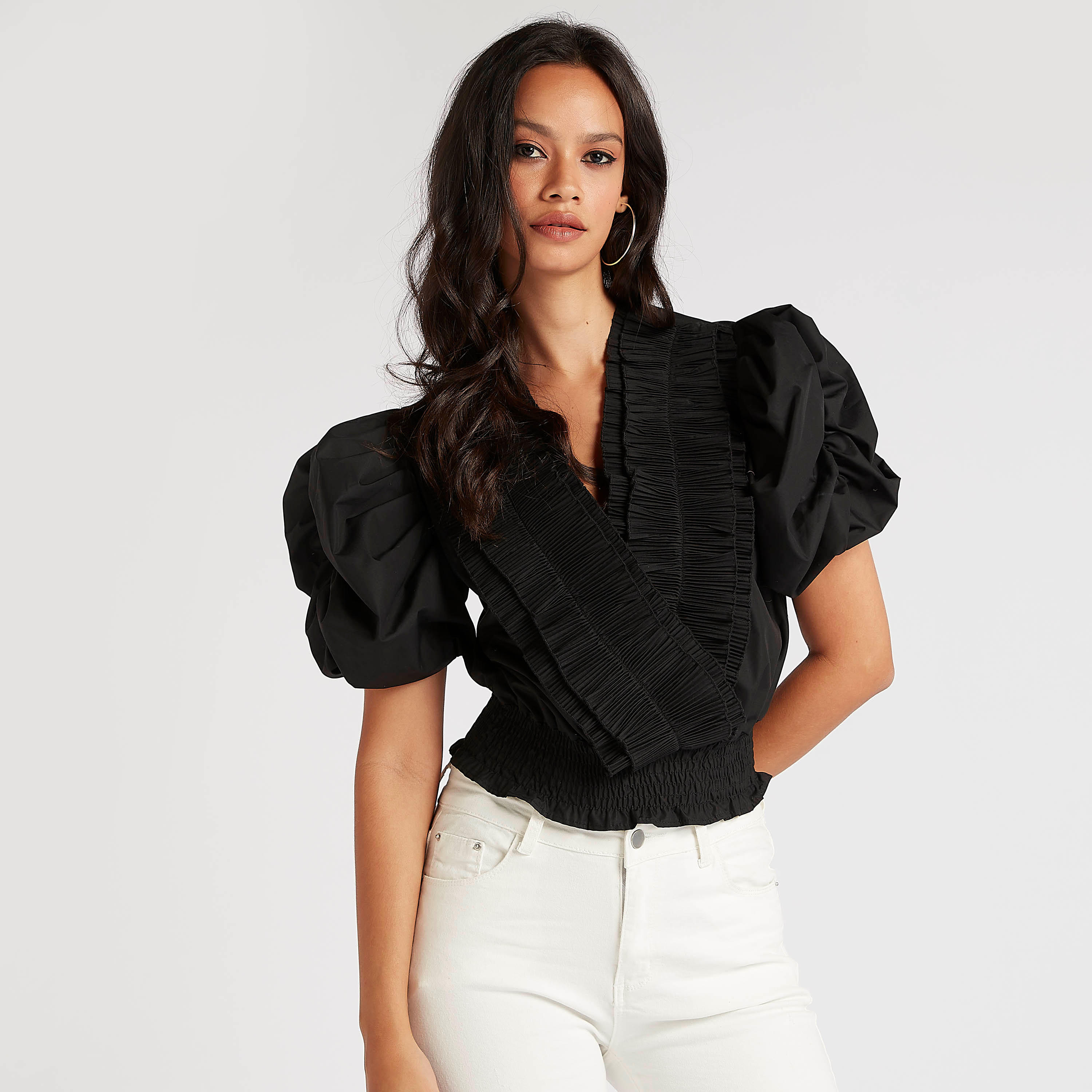 قميص سادة بأكمام منفوخة بارز الملمس وتفاصيل كشكشة من تو إكستريمز-women-clothing-shirtsandblouses-blouses-image-5