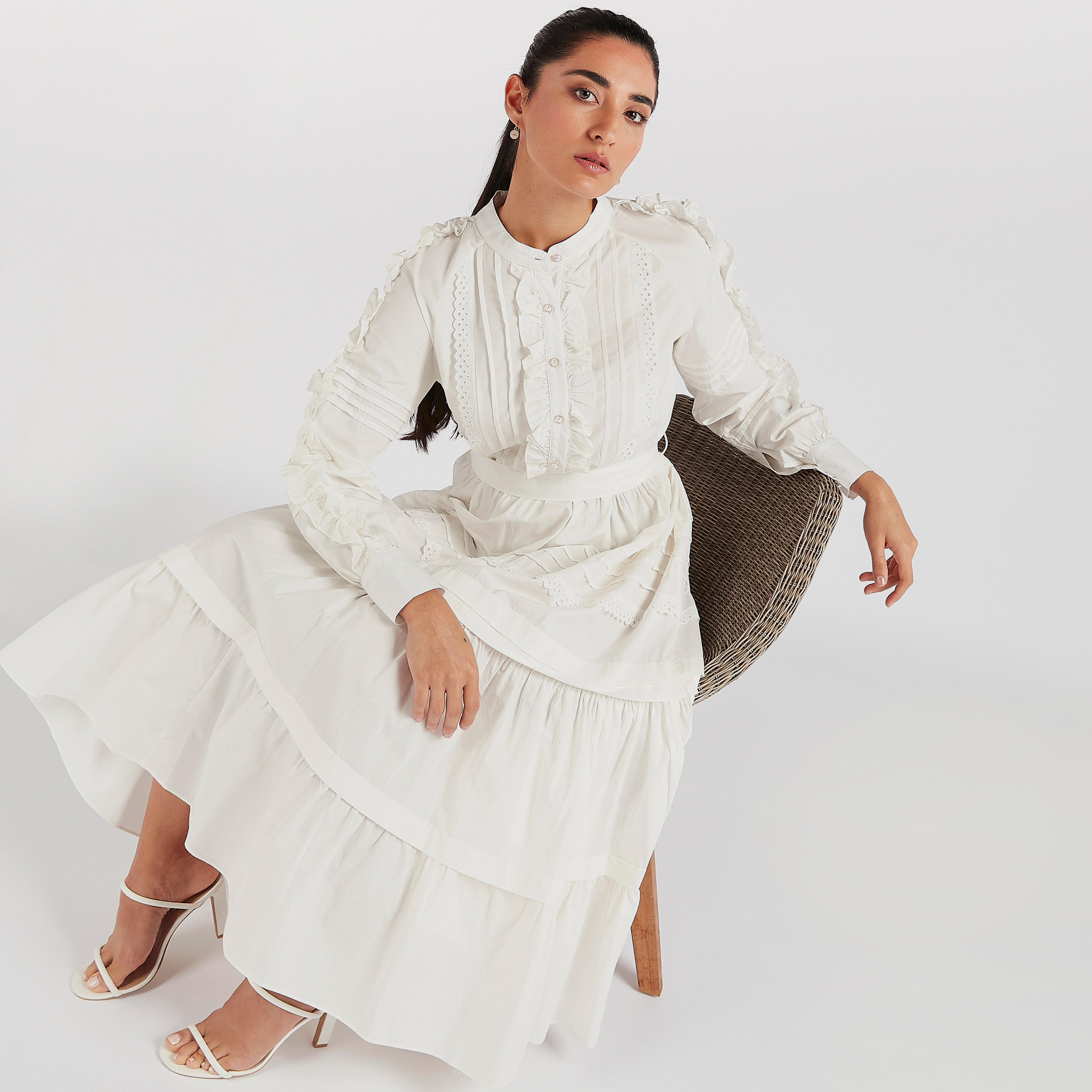 فستان ميدي إيه لاين بطبقات وأكمام طويلة بكشكشة من تو إكستريمز-women-clothing-dresses-image-1