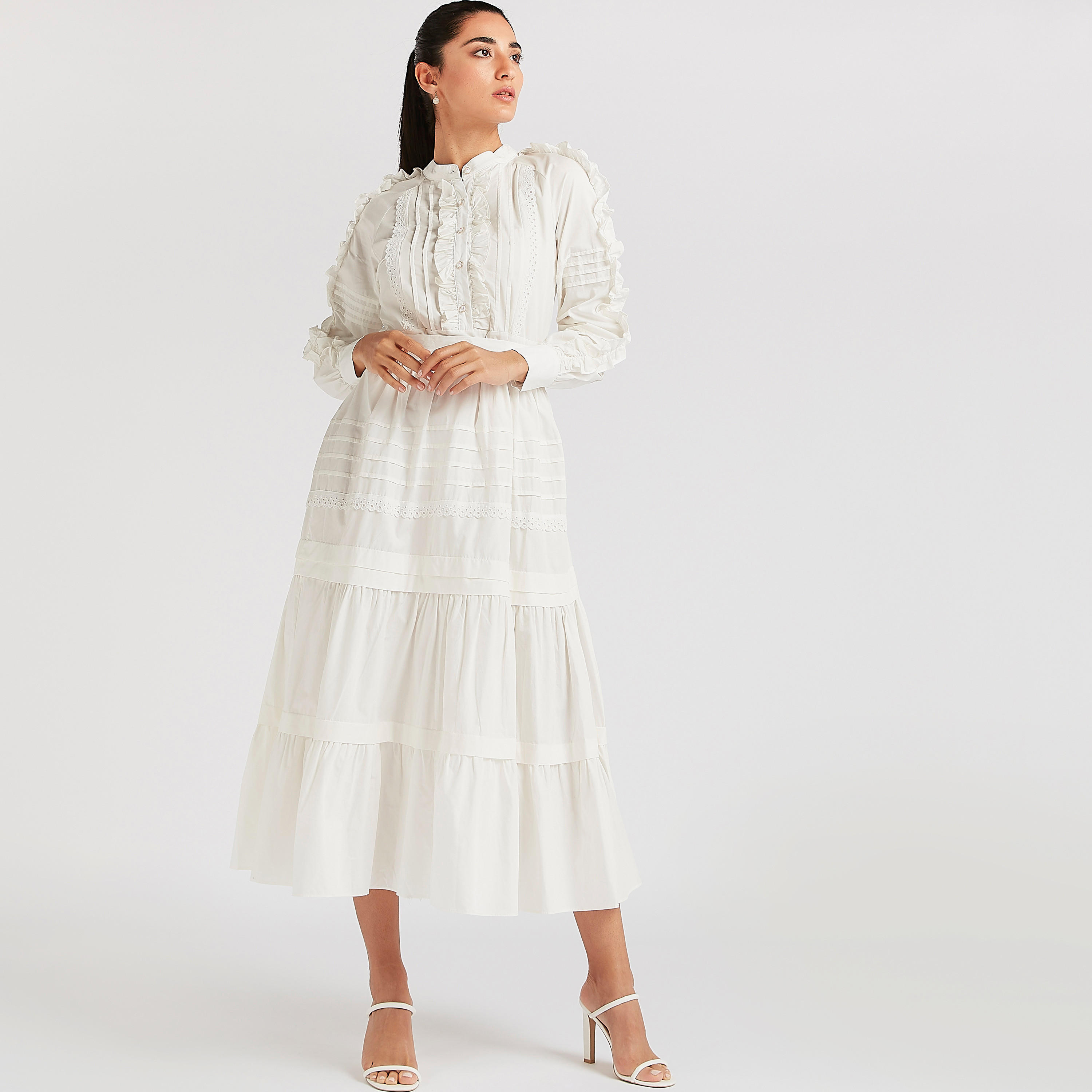 فستان ميدي إيه لاين بطبقات وأكمام طويلة بكشكشة من تو إكستريمز-women-clothing-dresses-image-2