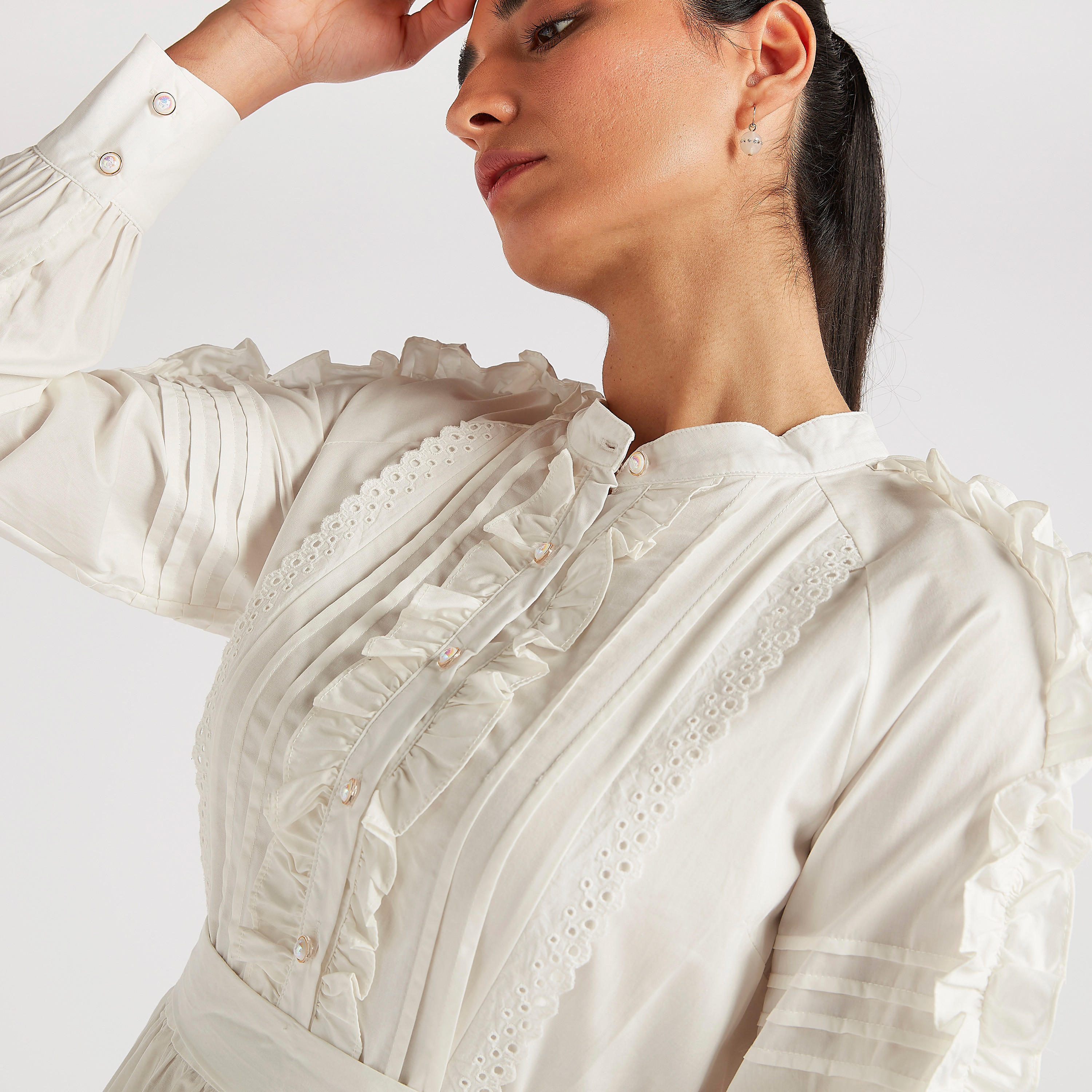 فستان ميدي إيه لاين بطبقات وأكمام طويلة بكشكشة من تو إكستريمز-women-clothing-dresses-image-3