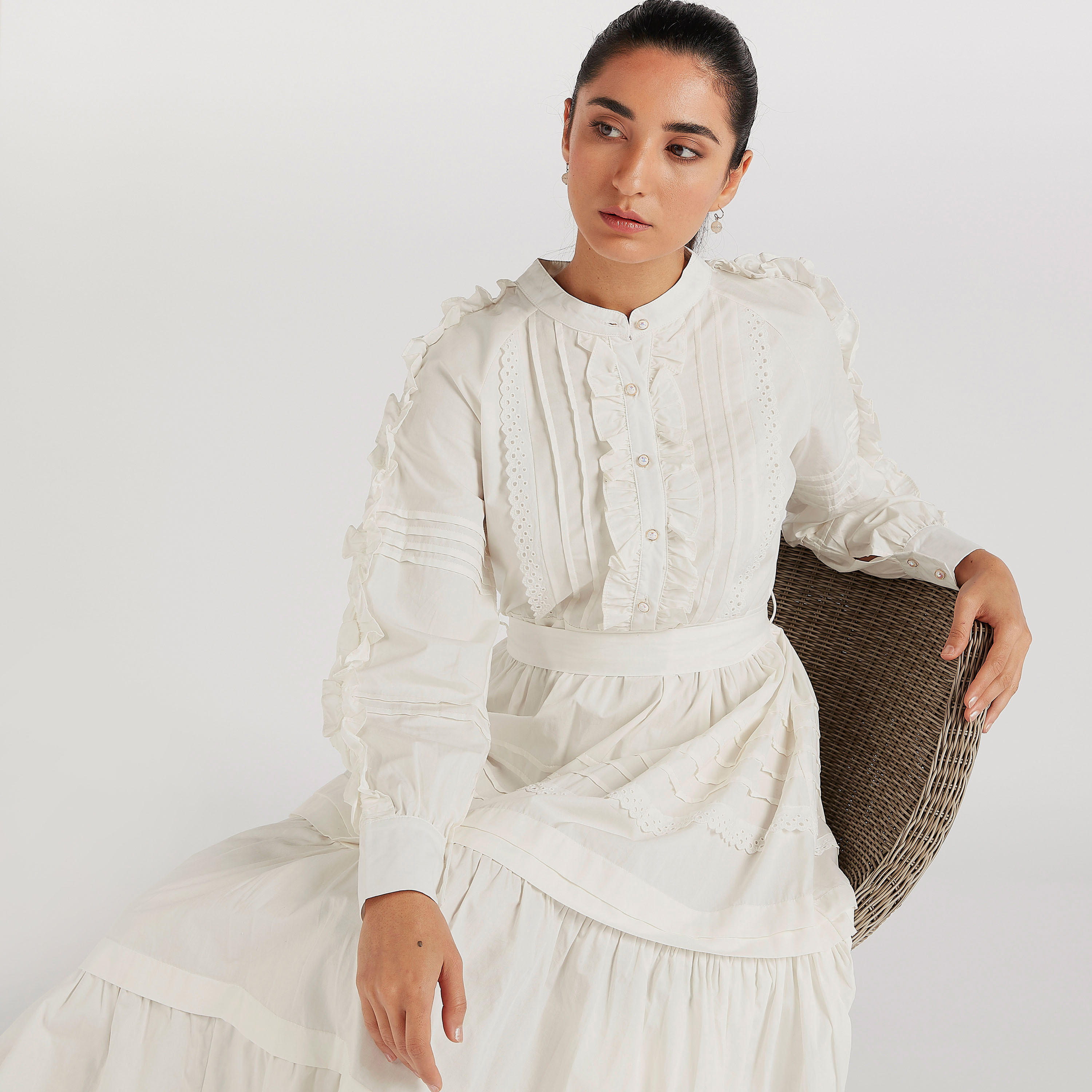 فستان ميدي إيه لاين بطبقات وأكمام طويلة بكشكشة من تو إكستريمز-women-clothing-dresses-image-6