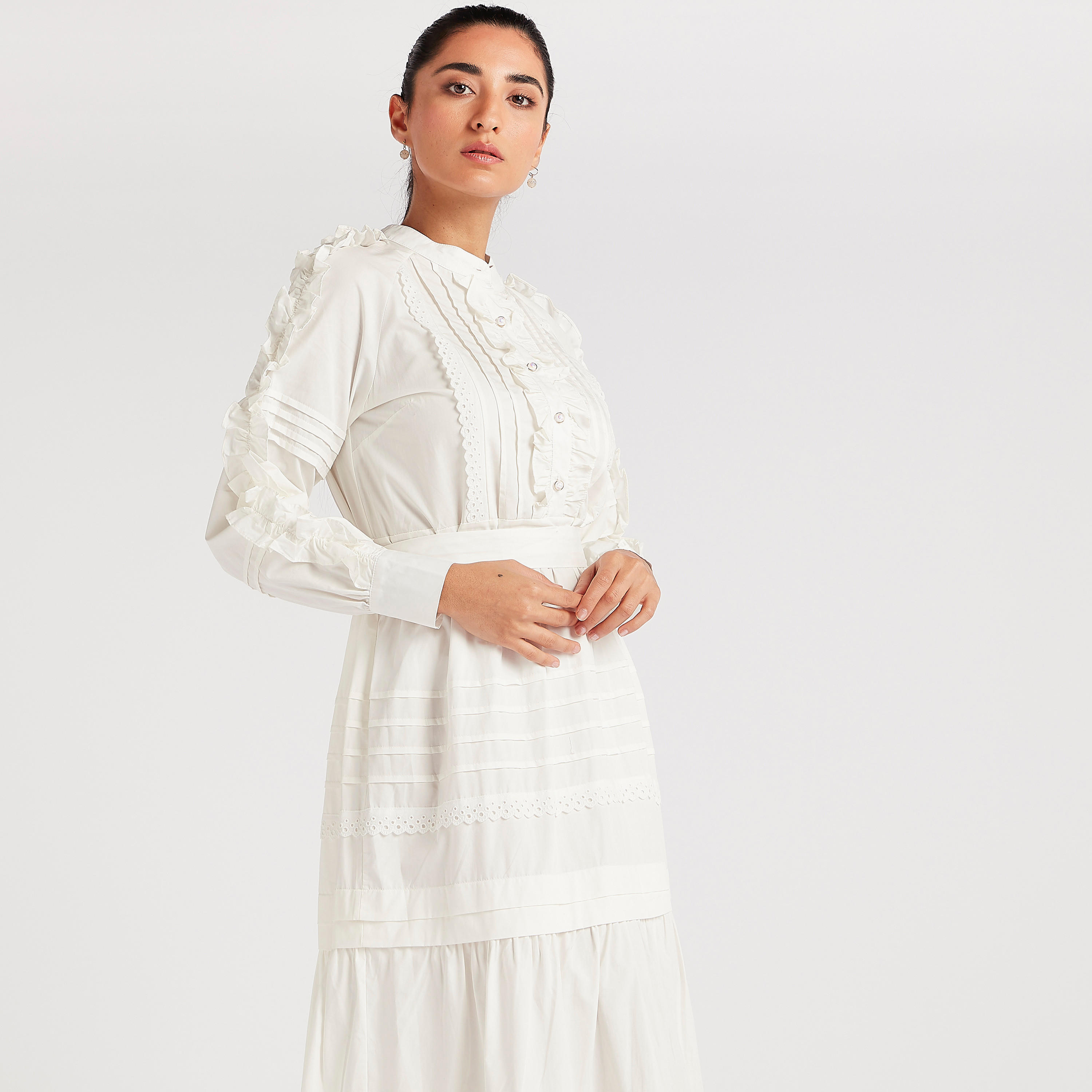 فستان ميدي إيه لاين بطبقات وأكمام طويلة بكشكشة من تو إكستريمز-women-clothing-dresses-image-9