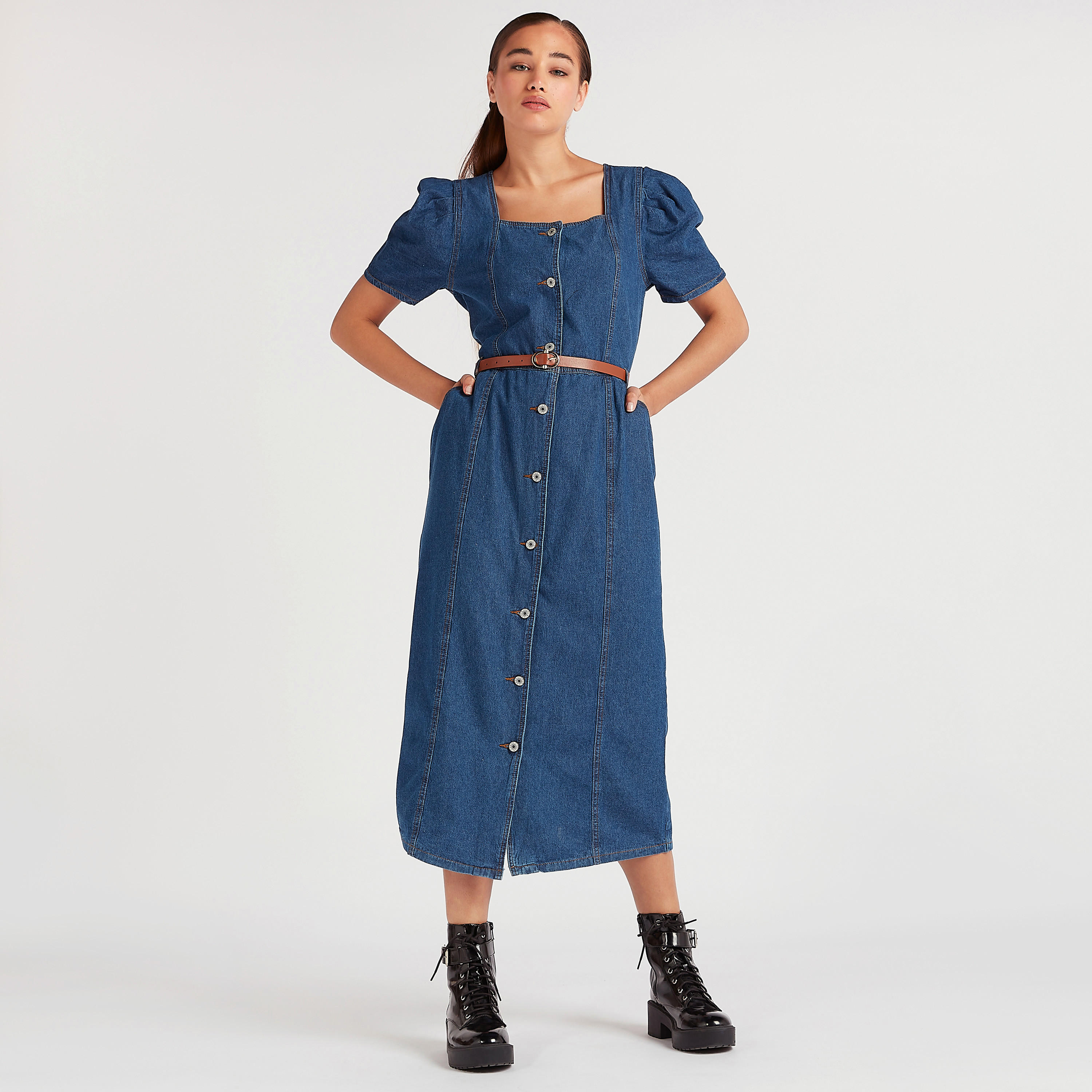 فستان قميص دنيم ميدي بأكمام منفوخة من تو إكستريمز-women-clothing-dresses-image-1