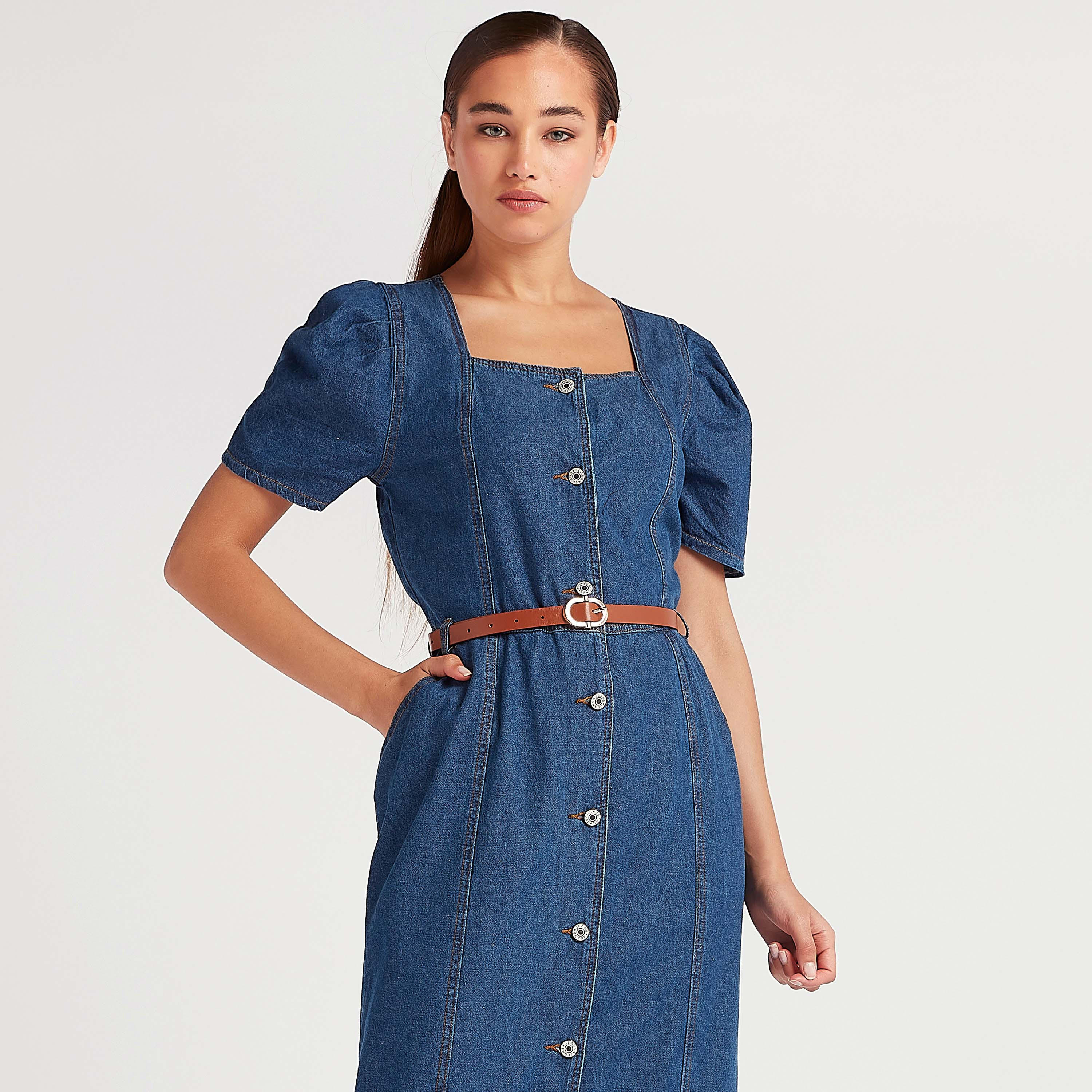 فستان قميص دنيم ميدي بأكمام منفوخة من تو إكستريمز-women-clothing-dresses-image-2