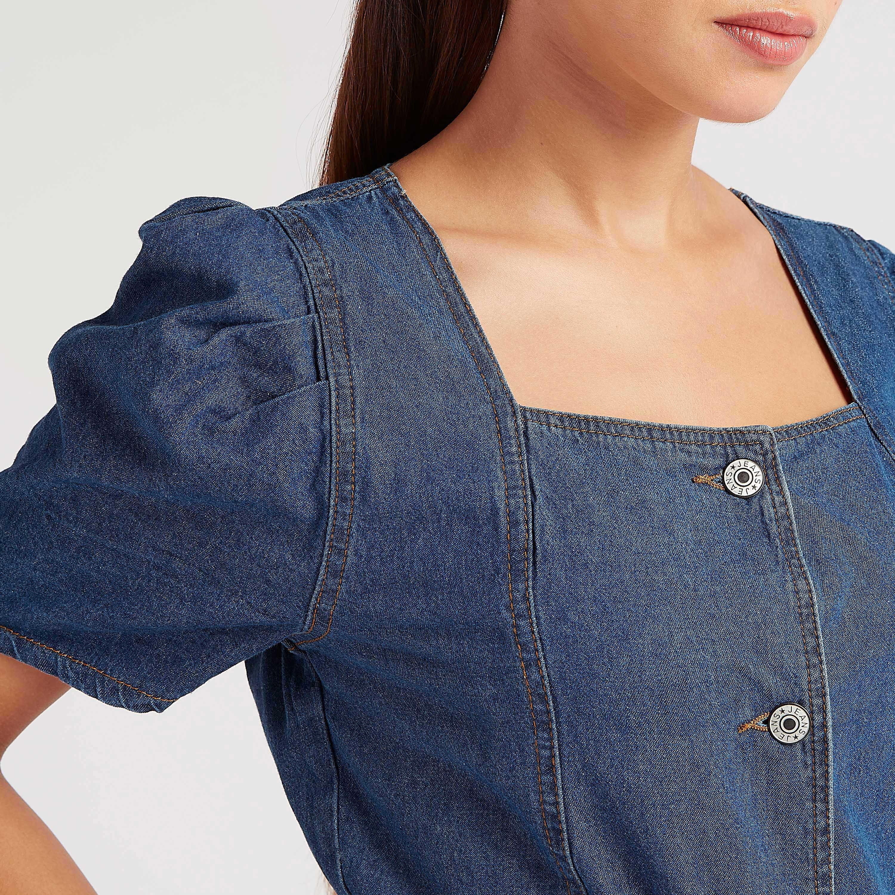 فستان قميص دنيم ميدي بأكمام منفوخة من تو إكستريمز-women-clothing-dresses-image-3