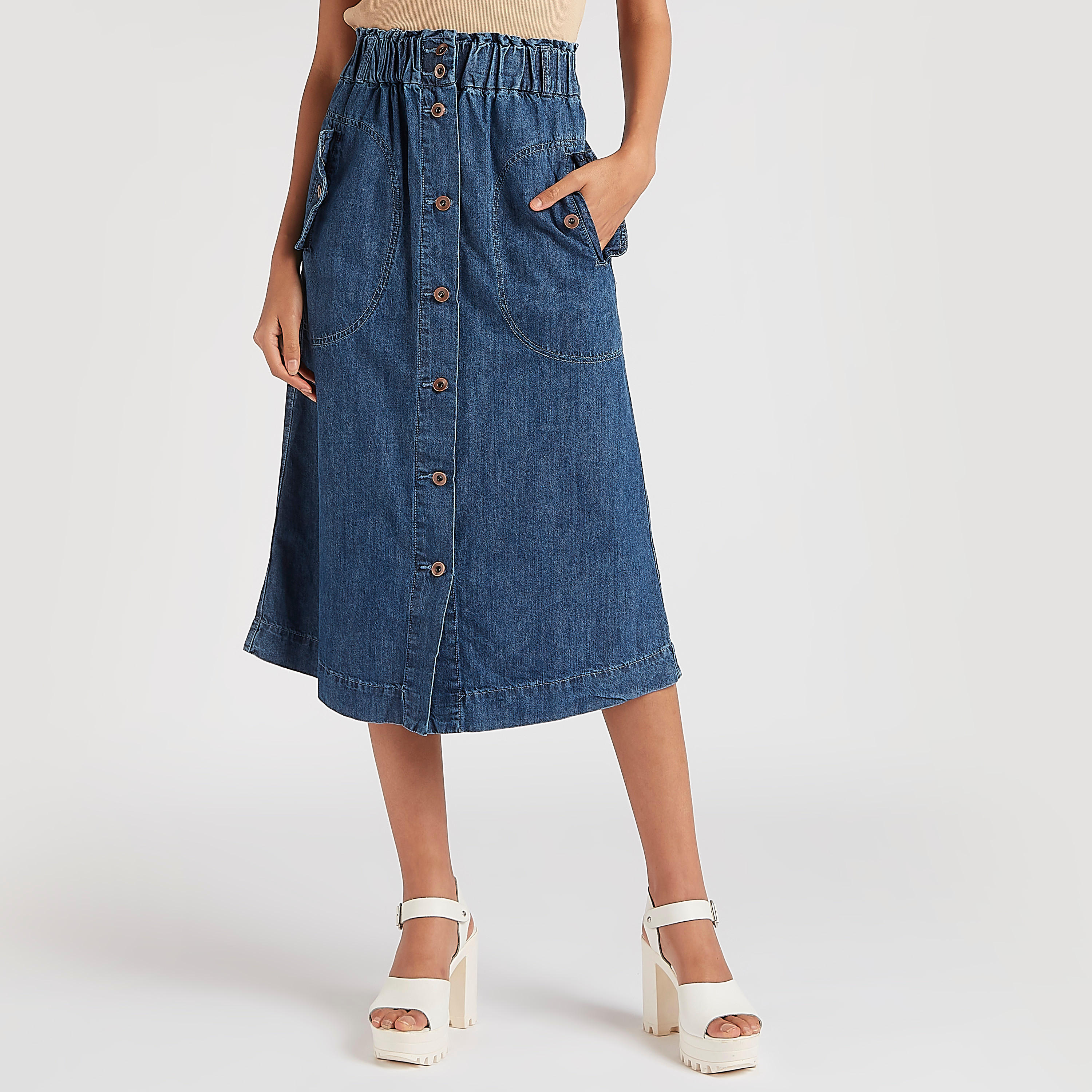 2Xtremz Solid Midi A-line Skirt with Pockets and Button Front Closure-women-clothing-bottoms-skirts-image-1