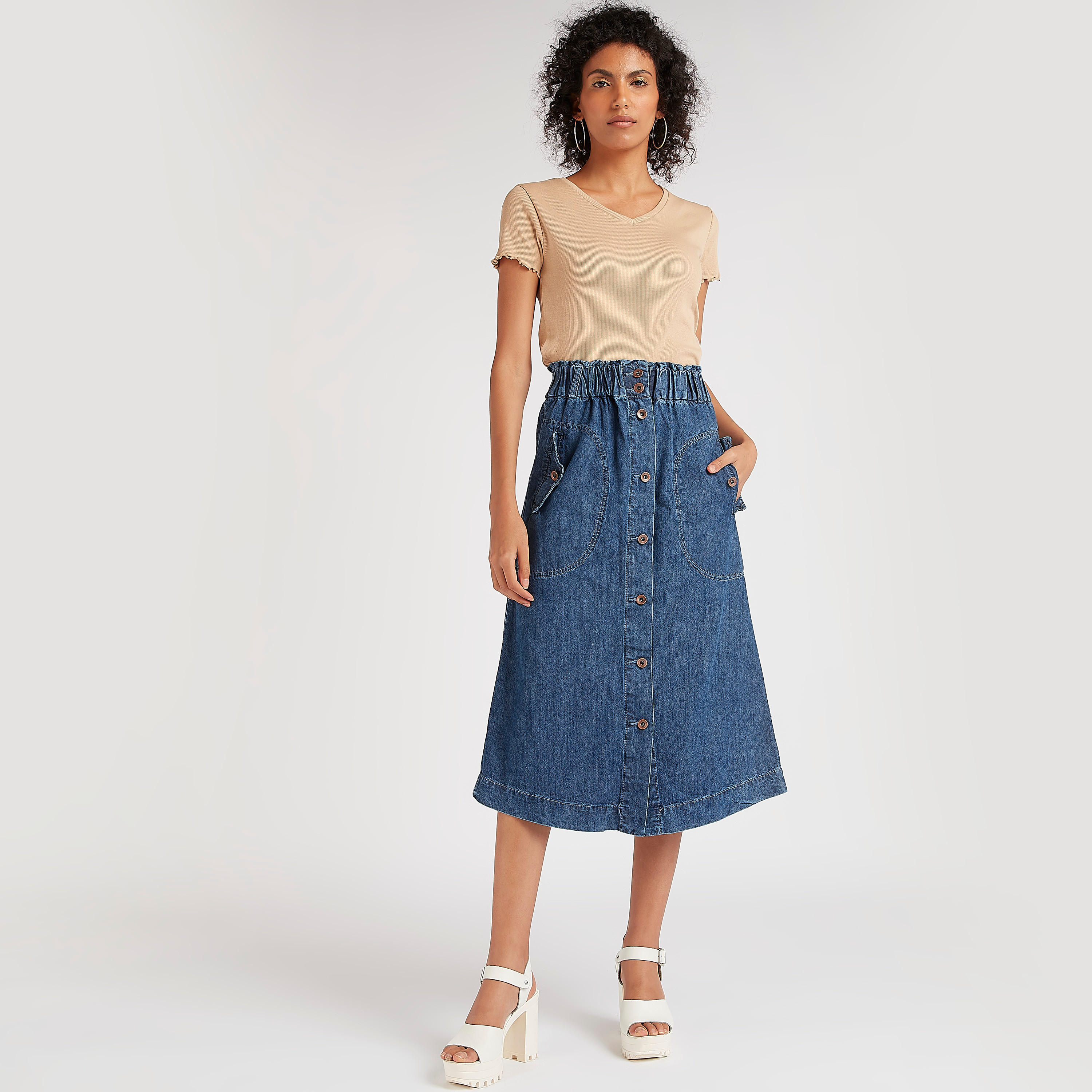 2Xtremz Solid Midi A-line Skirt with Pockets and Button Front Closure-women-clothing-bottoms-skirts-image-2