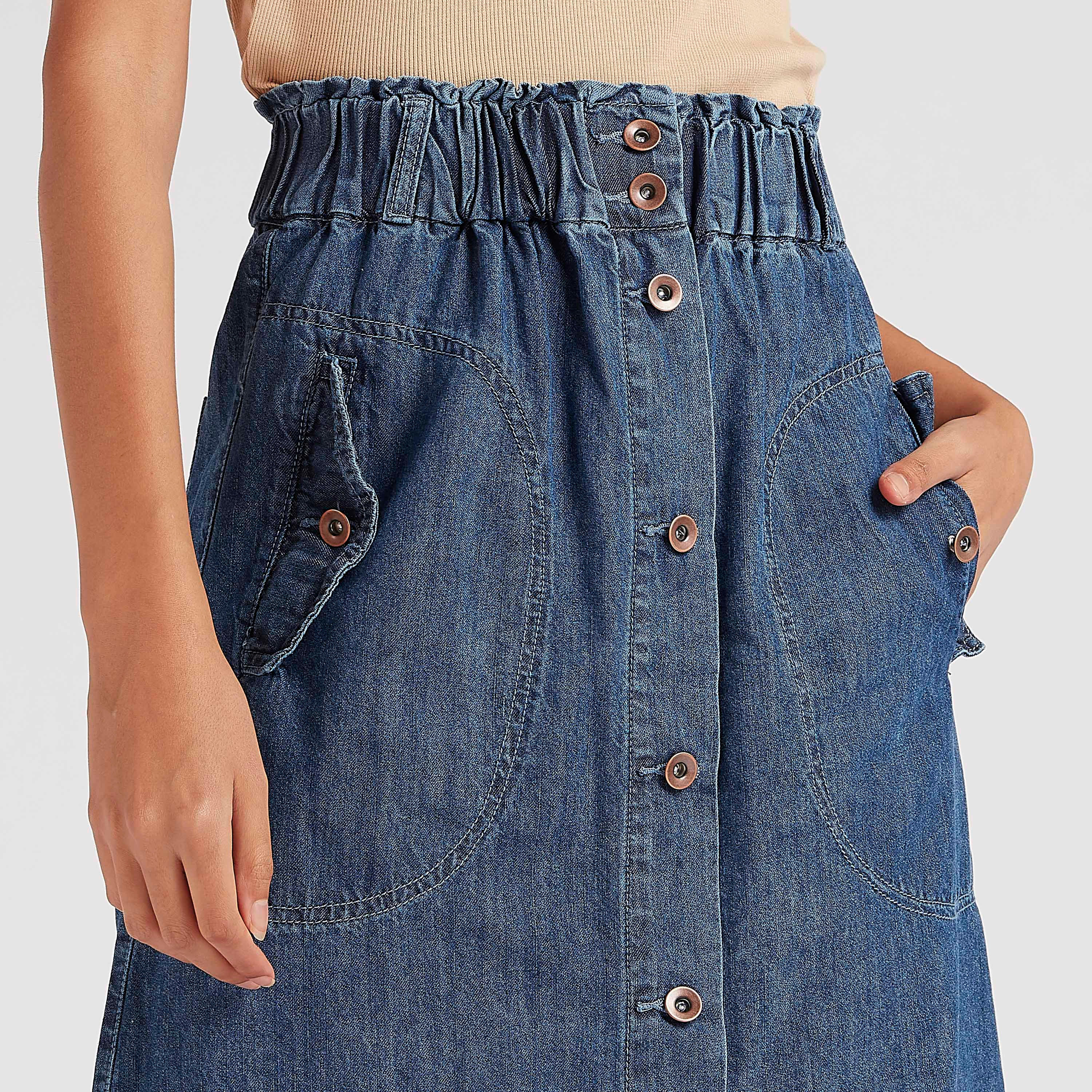 2Xtremz Solid Midi A-line Skirt with Pockets and Button Front Closure-women-clothing-bottoms-skirts-image-3