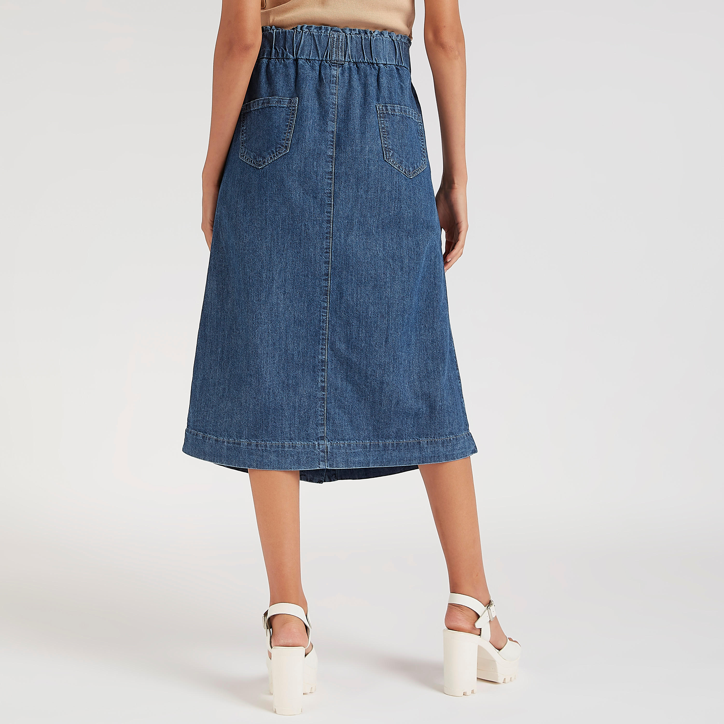 2Xtremz Solid Midi A-line Skirt with Pockets and Button Front Closure-women-clothing-bottoms-skirts-image-4