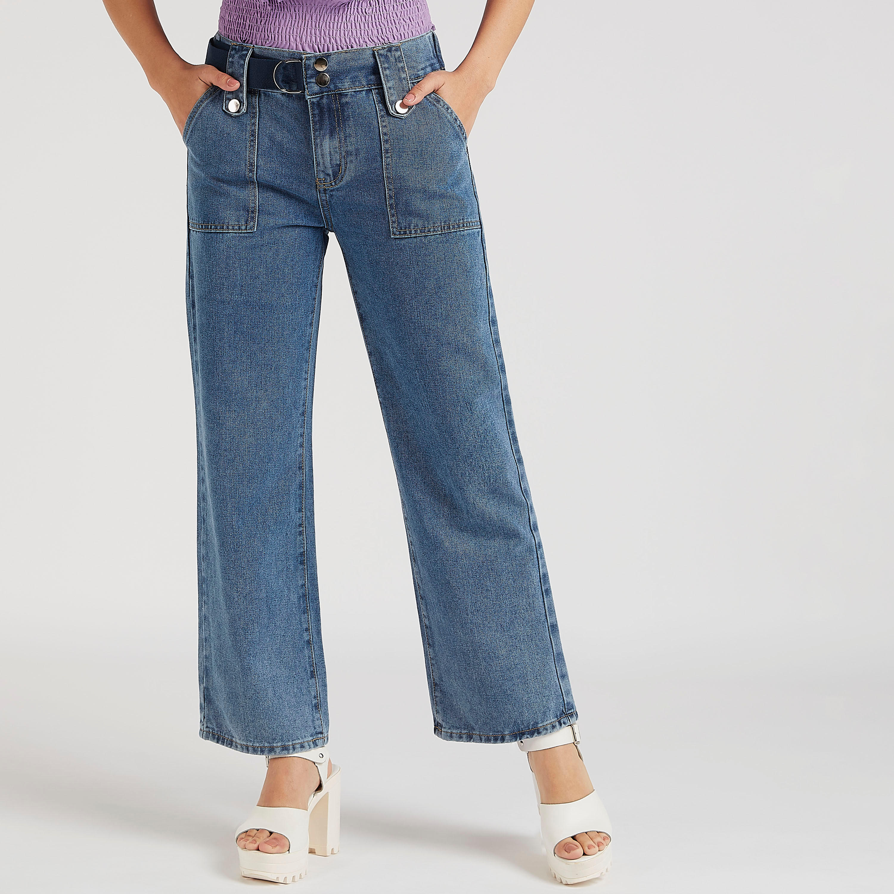 بنطلون دنيم بقصّة مستقيمة وجيوب من توإكستريمز-women-clothing-bottoms-jeans-image-1