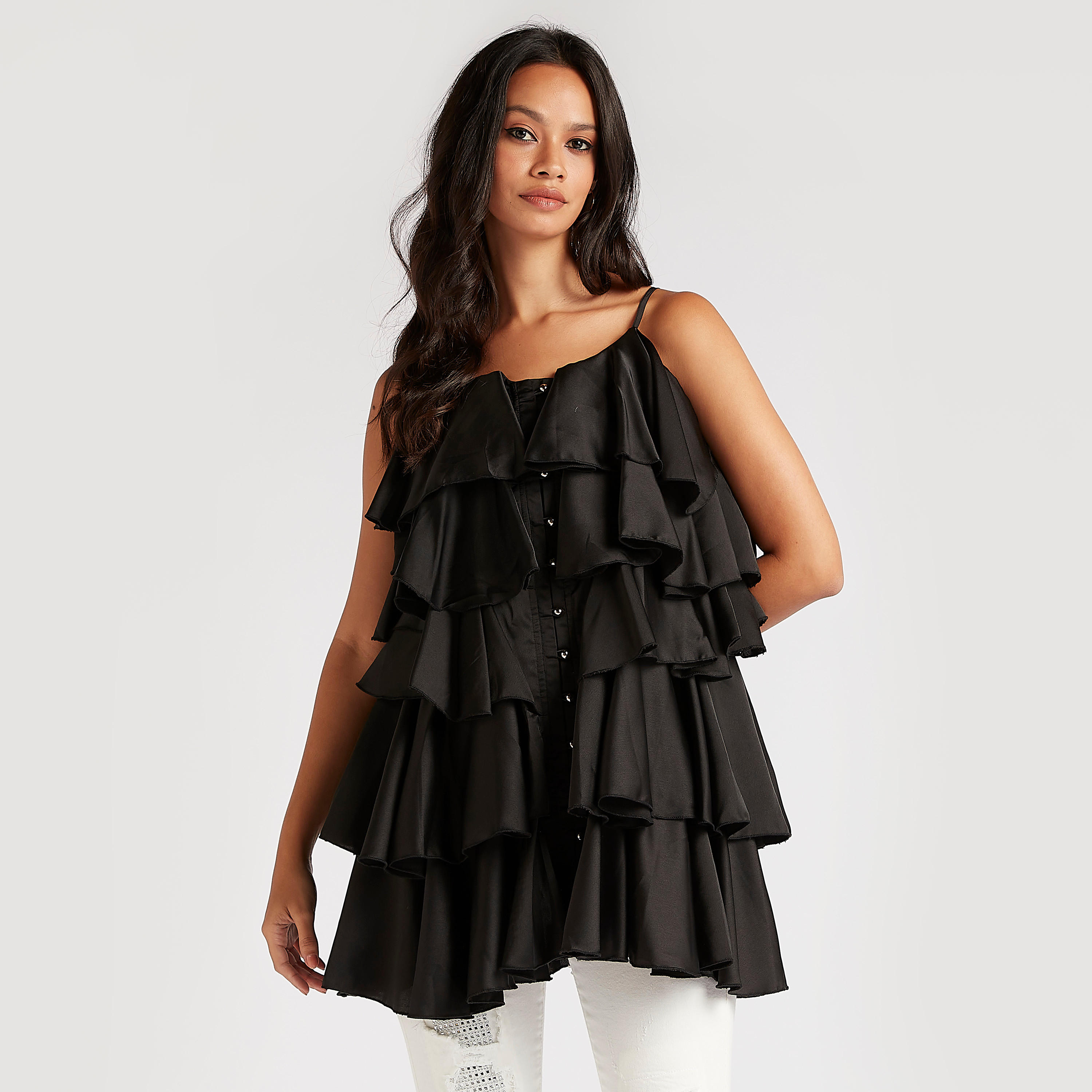 فستان سوينج سادة قصير بكشكشة وأحزمة من تو إكستريمز-women-clothing-dresses-image-1