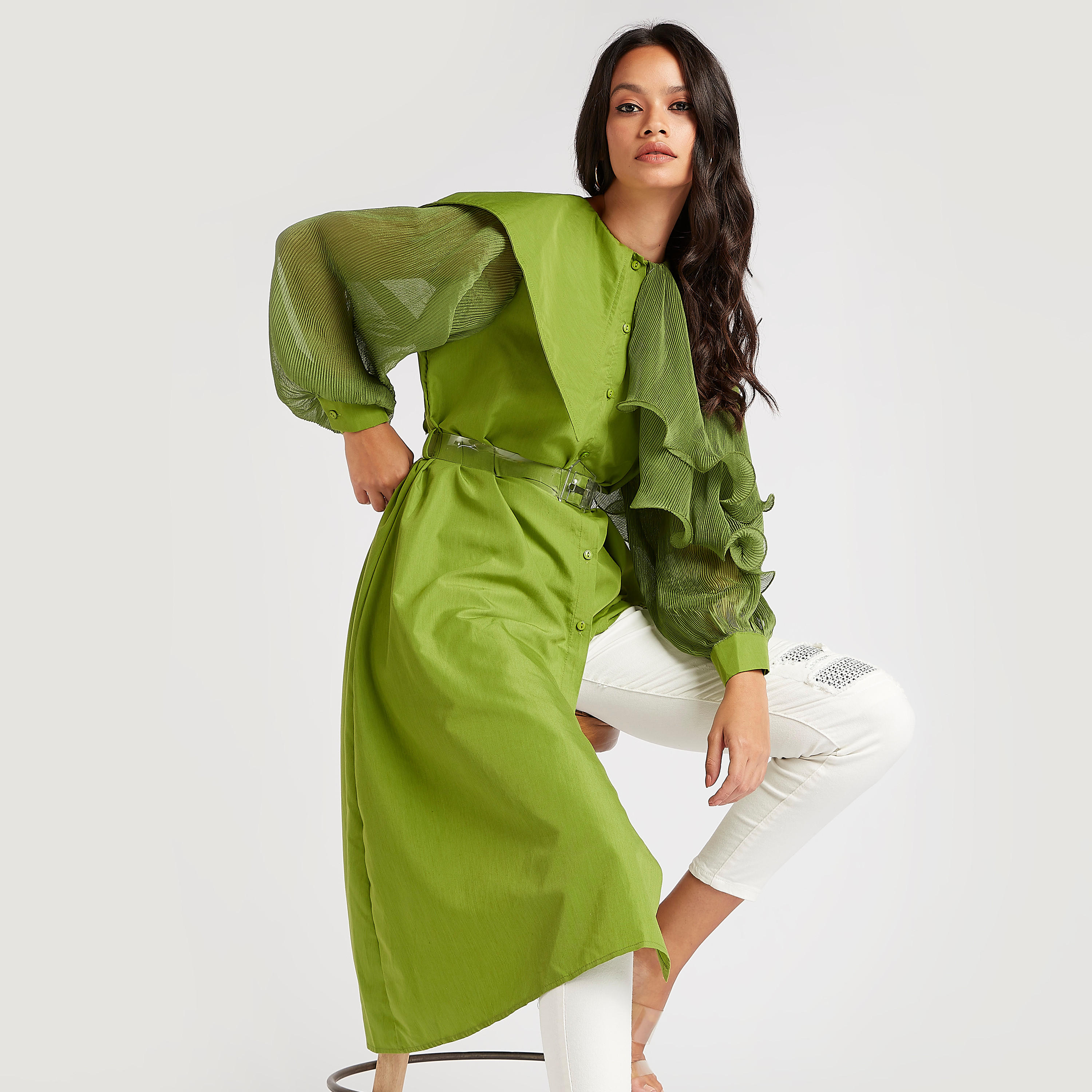 بلوزة طويلة بياقة ضيّفة وتفاصيل كشكشة من تو إكستريمز-women-clothing-shirtsandblouses-blouses-image-1
