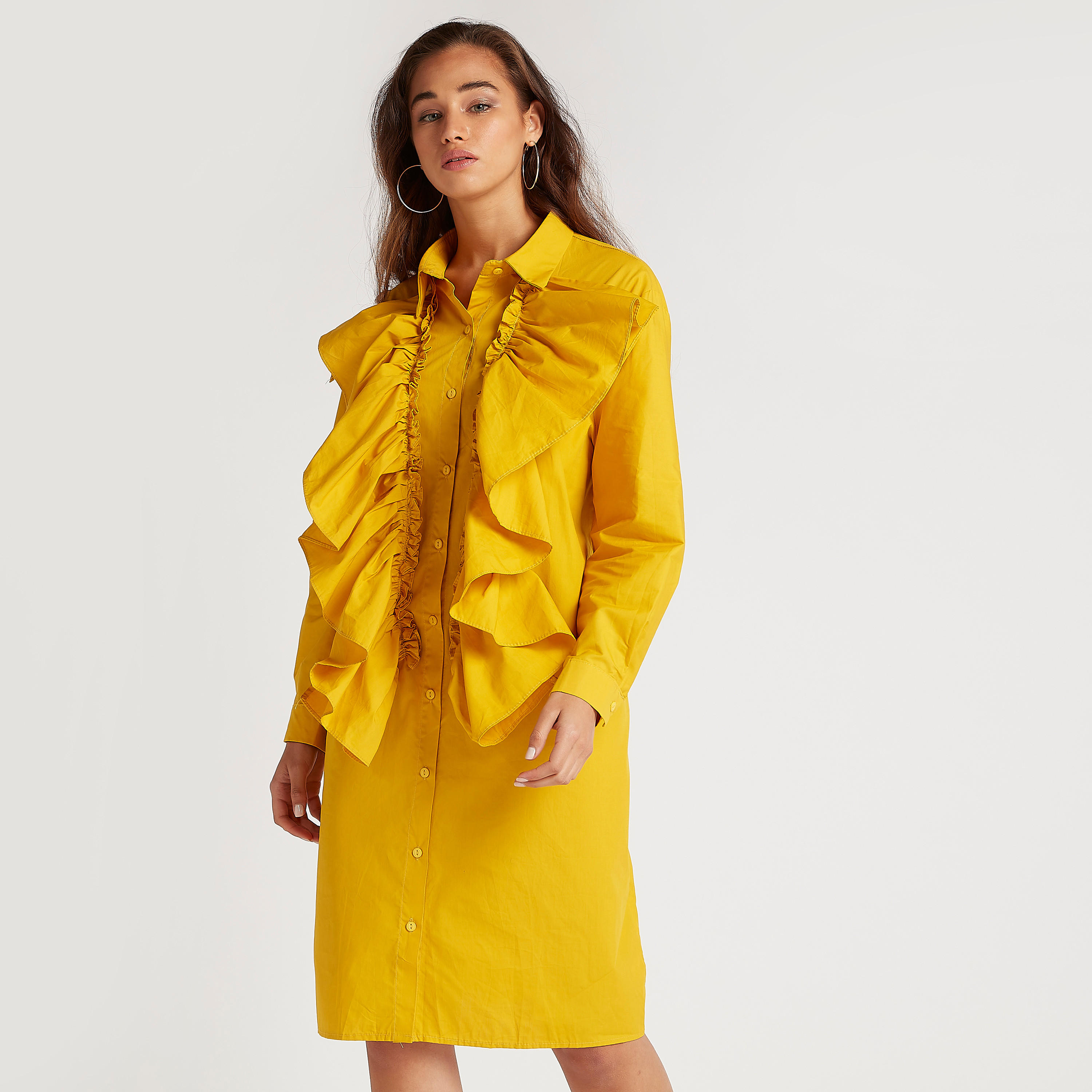 فستان واسع ميدي سادة مع ياقة وتفاصيل كشكش من تو إكستريمز-women-clothing-dresses-image-1