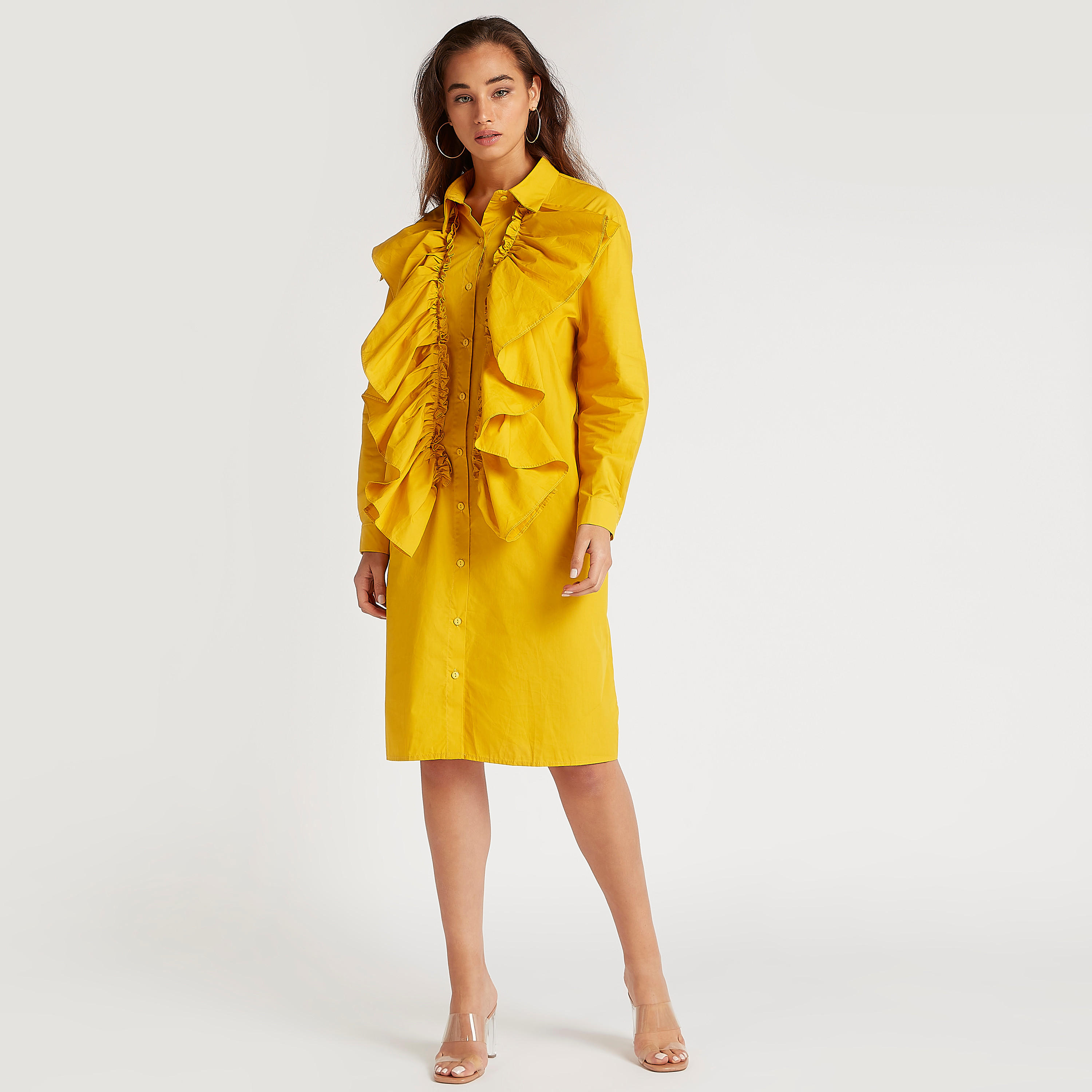 فستان واسع ميدي سادة مع ياقة وتفاصيل كشكش من تو إكستريمز-women-clothing-dresses-image-2