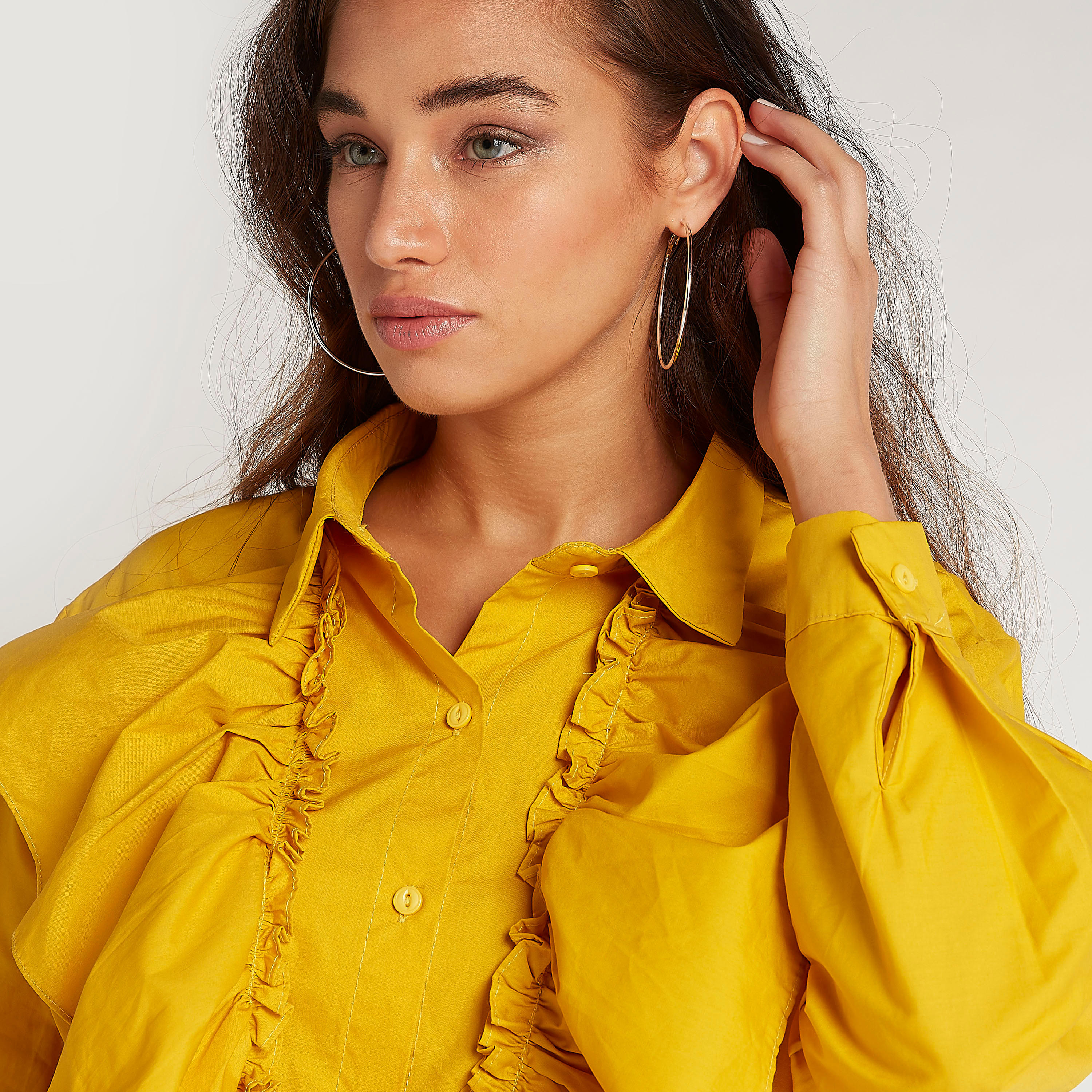 فستان واسع ميدي سادة مع ياقة وتفاصيل كشكش من تو إكستريمز-women-clothing-dresses-image-5