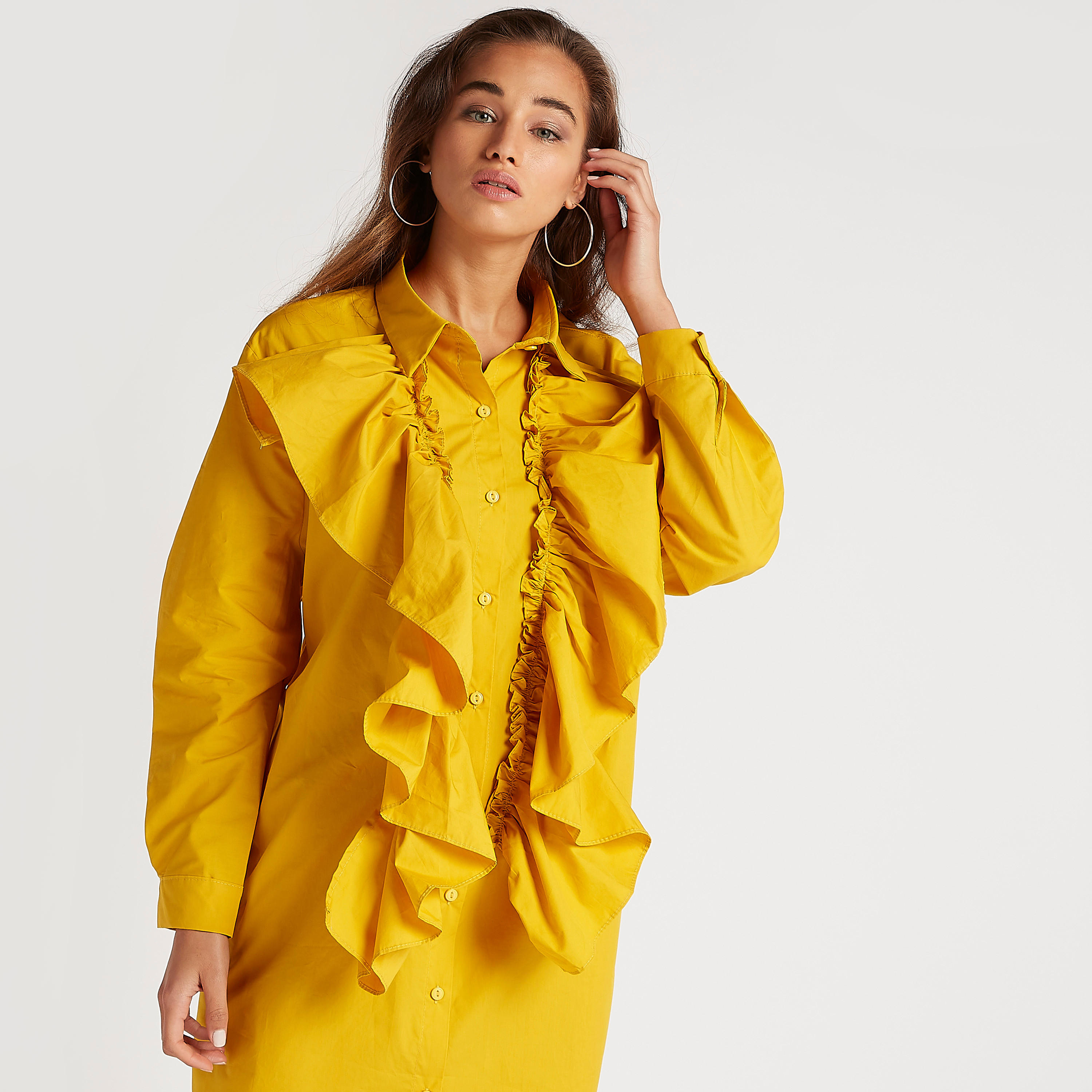 فستان واسع ميدي سادة مع ياقة وتفاصيل كشكش من تو إكستريمز-women-clothing-dresses-image-6