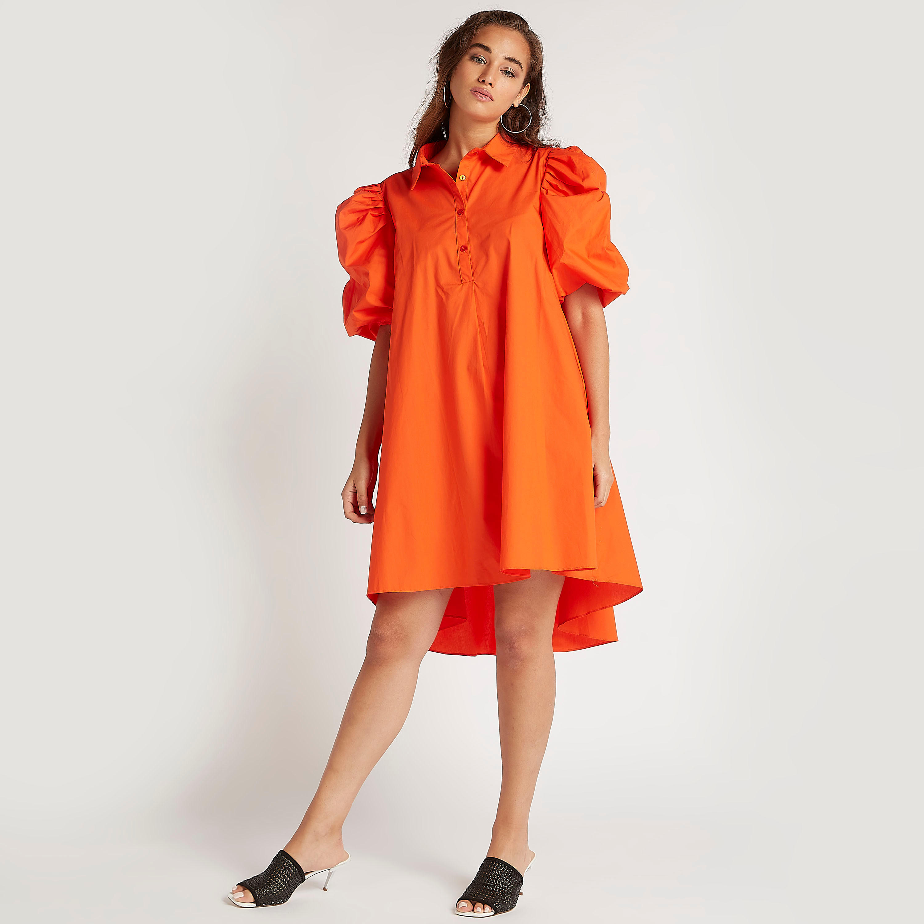 فستان قميص سادة بأكمام قصيرة منفوخة من تو إكستريمز-women-clothing-dresses-image-2