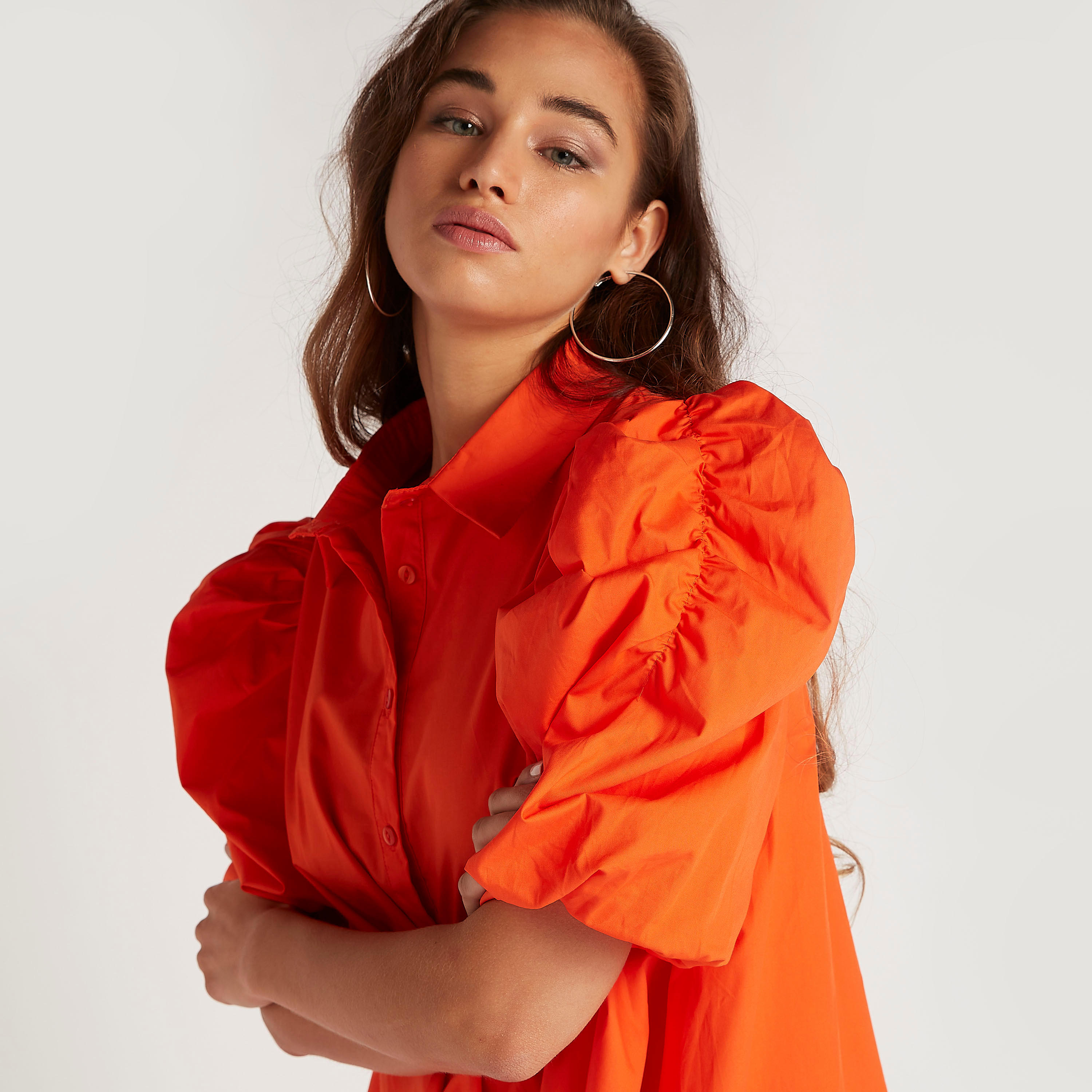 فستان قميص سادة بأكمام قصيرة منفوخة من تو إكستريمز-women-clothing-dresses-image-3