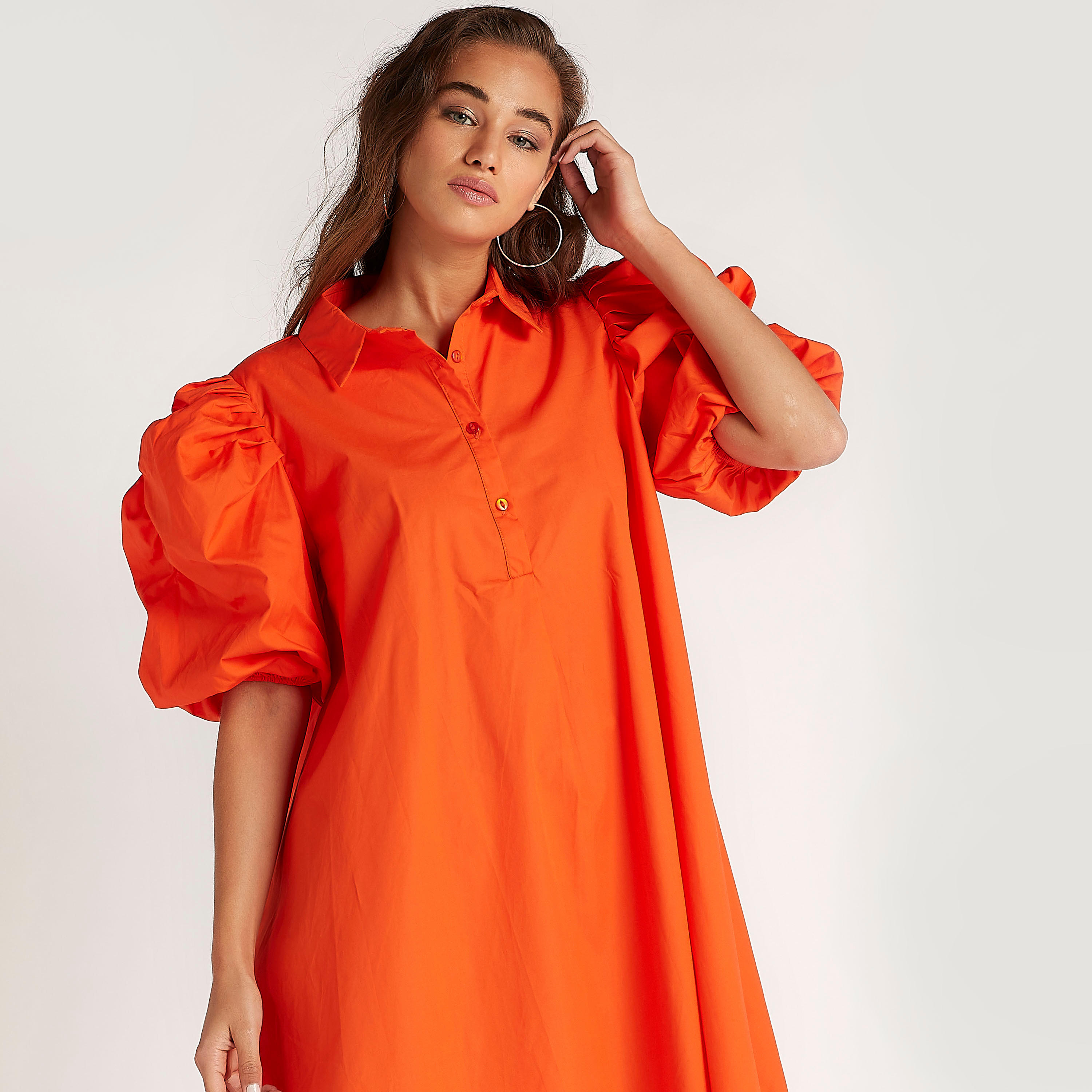 فستان قميص سادة بأكمام قصيرة منفوخة من تو إكستريمز-women-clothing-dresses-image-6