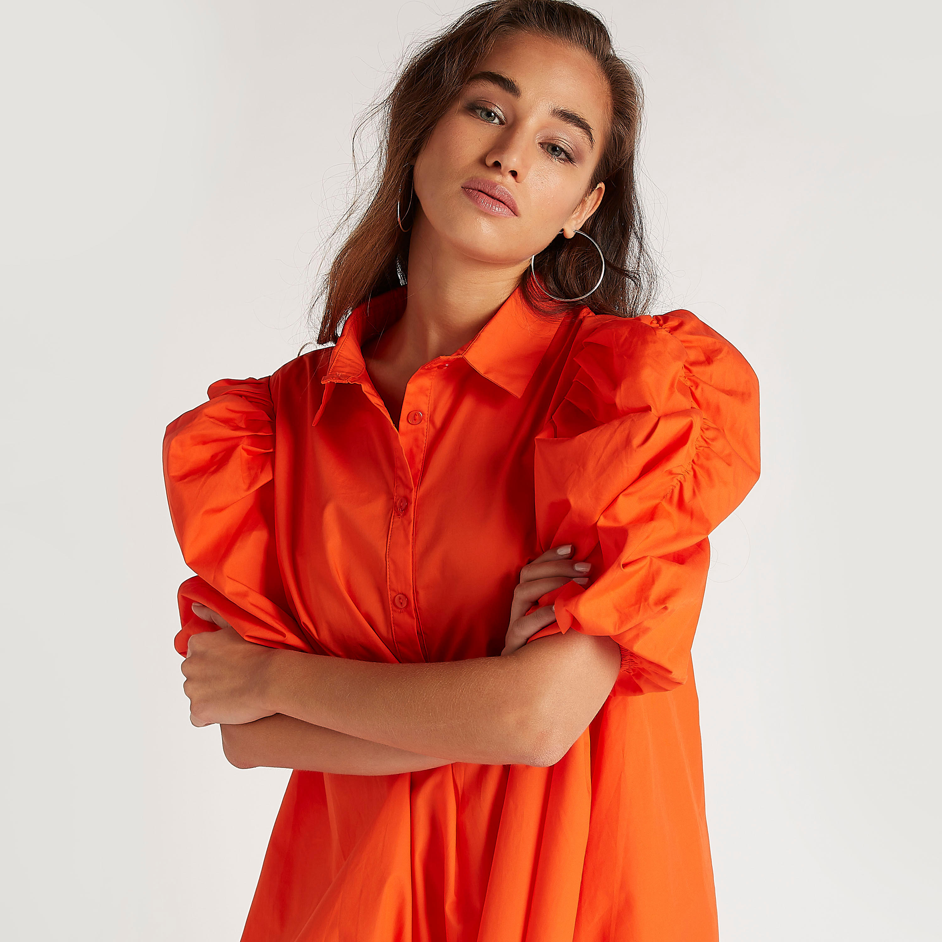 فستان قميص سادة بأكمام قصيرة منفوخة من تو إكستريمز-women-clothing-dresses-image-7