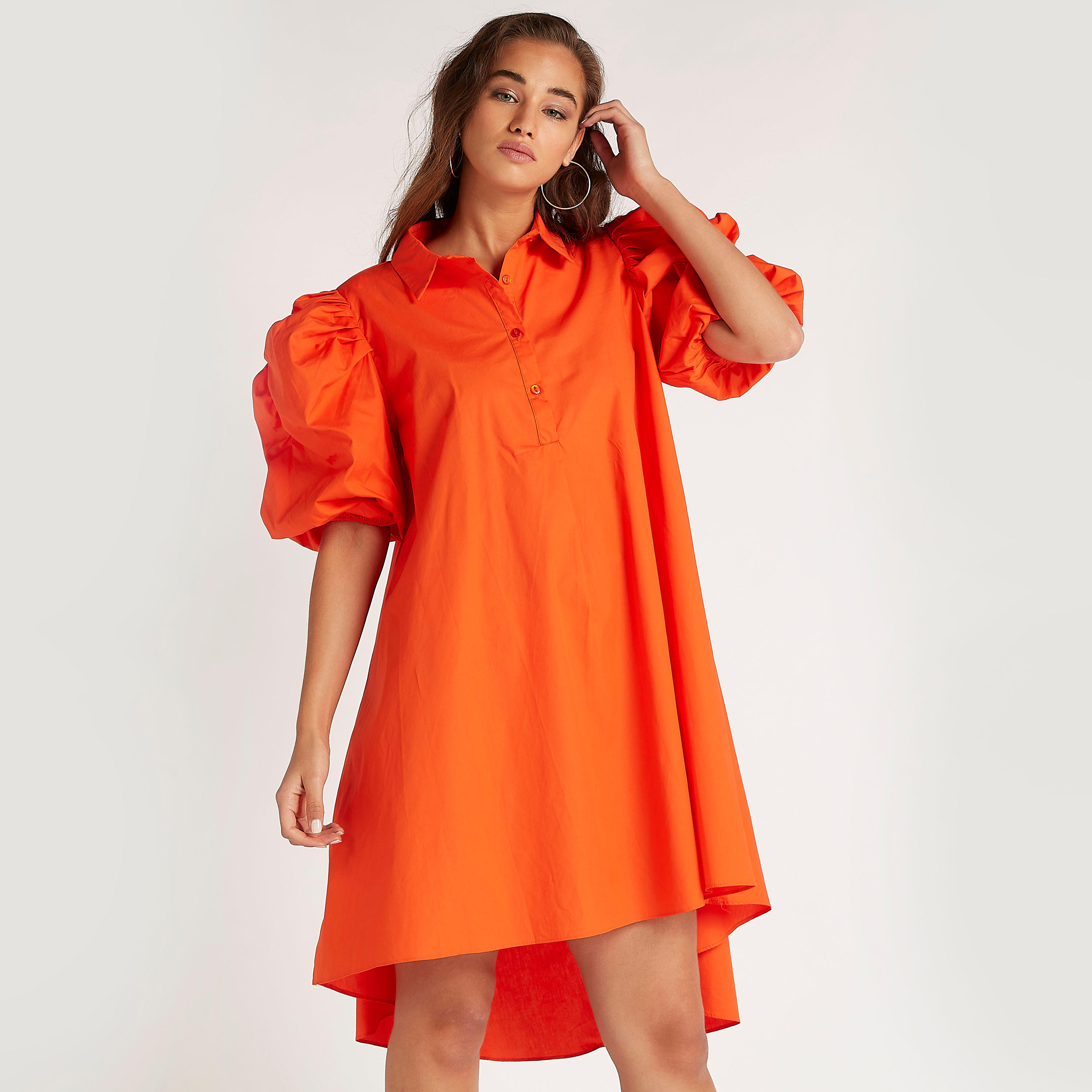 فستان قميص سادة بأكمام قصيرة منفوخة من تو إكستريمز-women-clothing-dresses-image-8