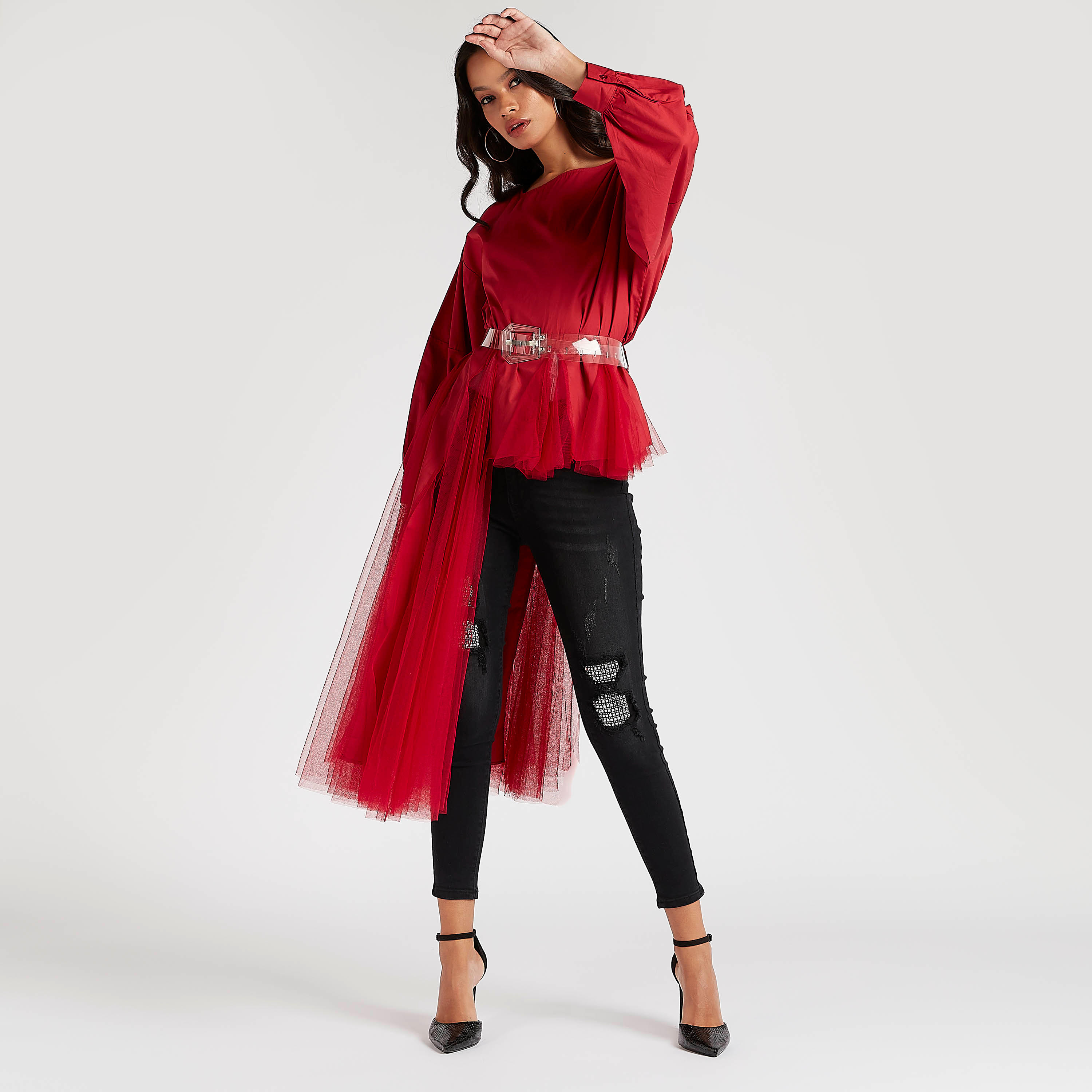 بلوزة طويلة بارزة الملمس بياقة ضيّقة وحزام وأكمام طويلة من تو إكستريمز-women-clothing-shirtsandblouses-blouses-image-2