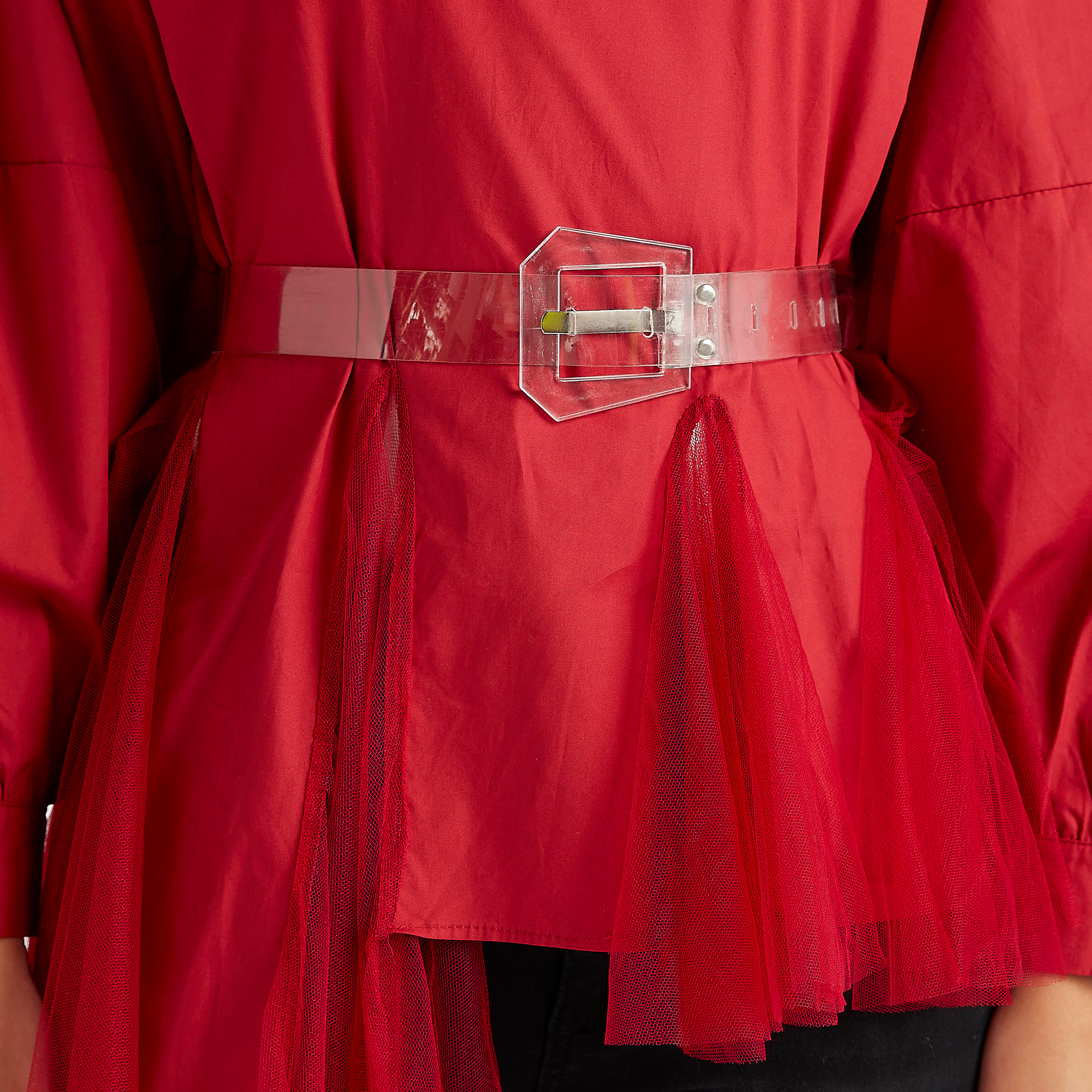 بلوزة طويلة بارزة الملمس بياقة ضيّقة وحزام وأكمام طويلة من تو إكستريمز-women-clothing-shirtsandblouses-blouses-image-3