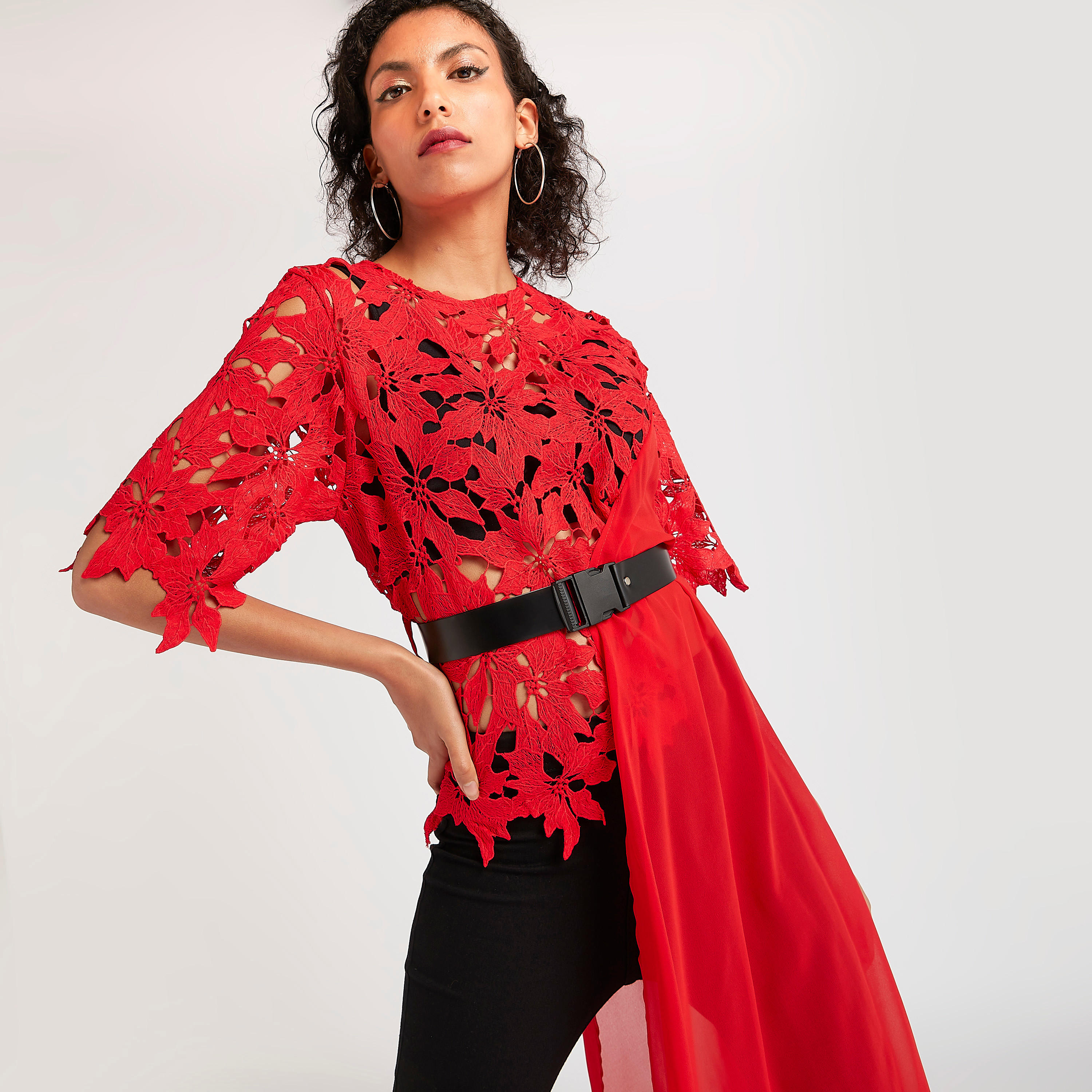 2Xtremz Lace Detailed Asymmetric Top with Crew Neck-women-clothing-shirtsandblouses-blouses-image-1