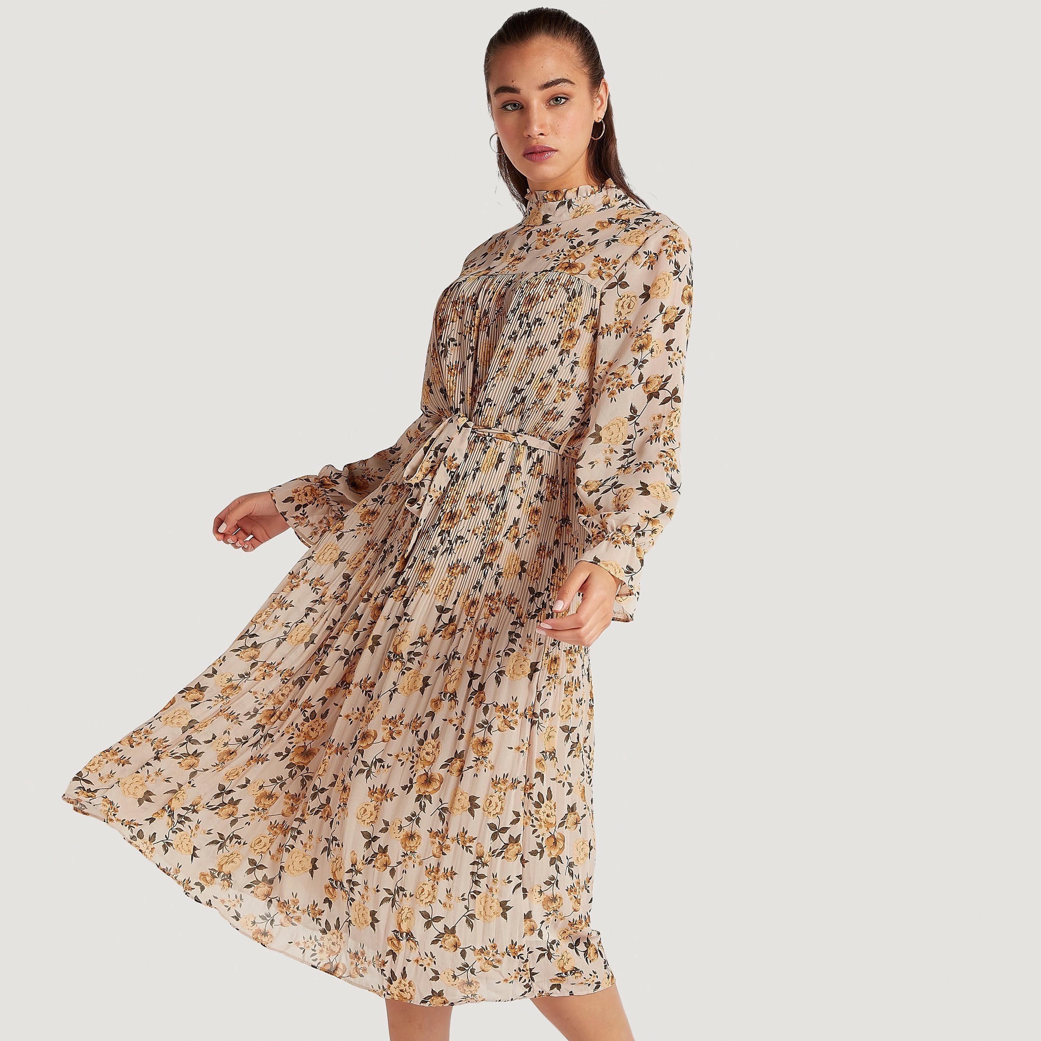 فستان ميدي بطبعات أزهار وياقة بكشكشة وحزام رباط من تو إكستريمز-women-clothing-dresses-image-1