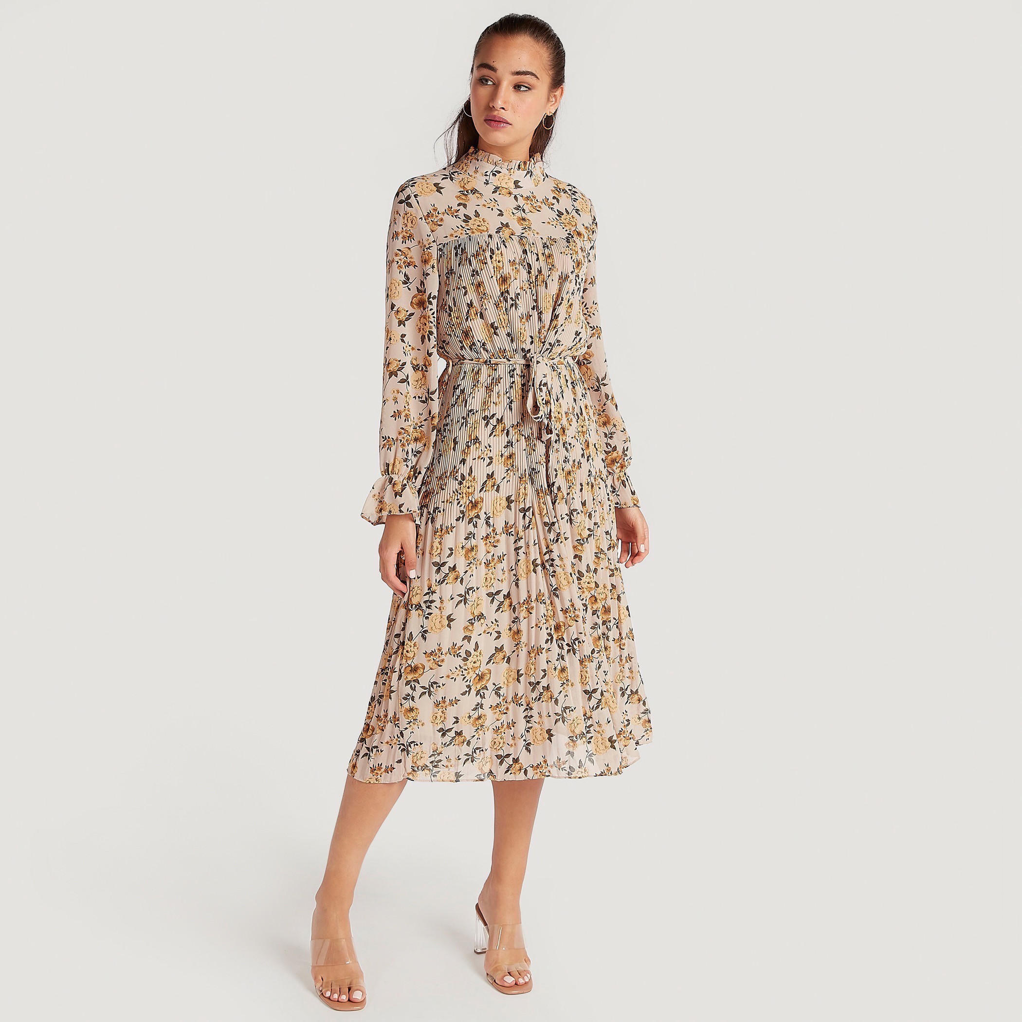 فستان ميدي بطبعات أزهار وياقة بكشكشة وحزام رباط من تو إكستريمز-women-clothing-dresses-image-2