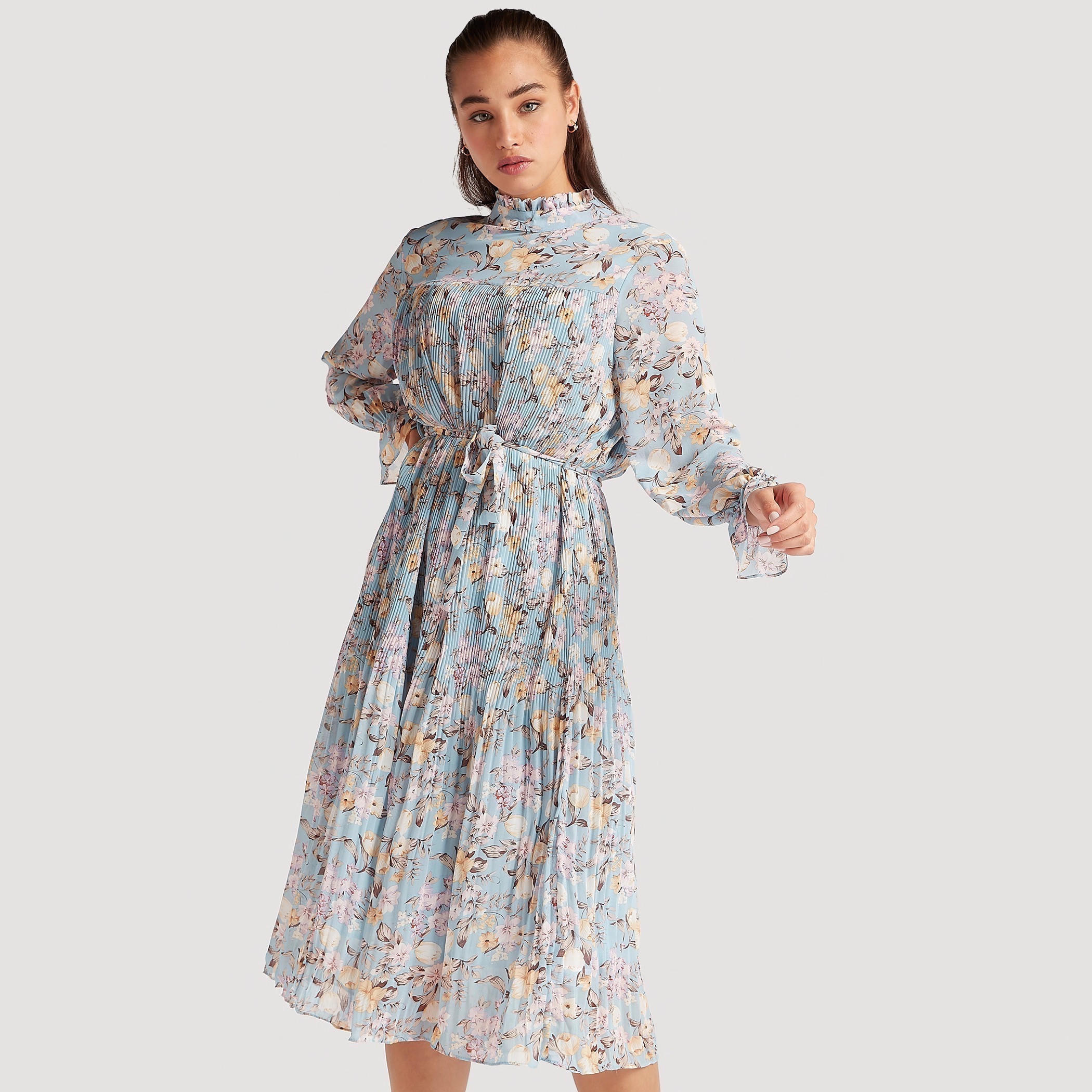 فستان ميدي إيه لاين بطبعات أزهار وياقة بكشكشة من تو إكستريمز-women-clothing-dresses-image-1