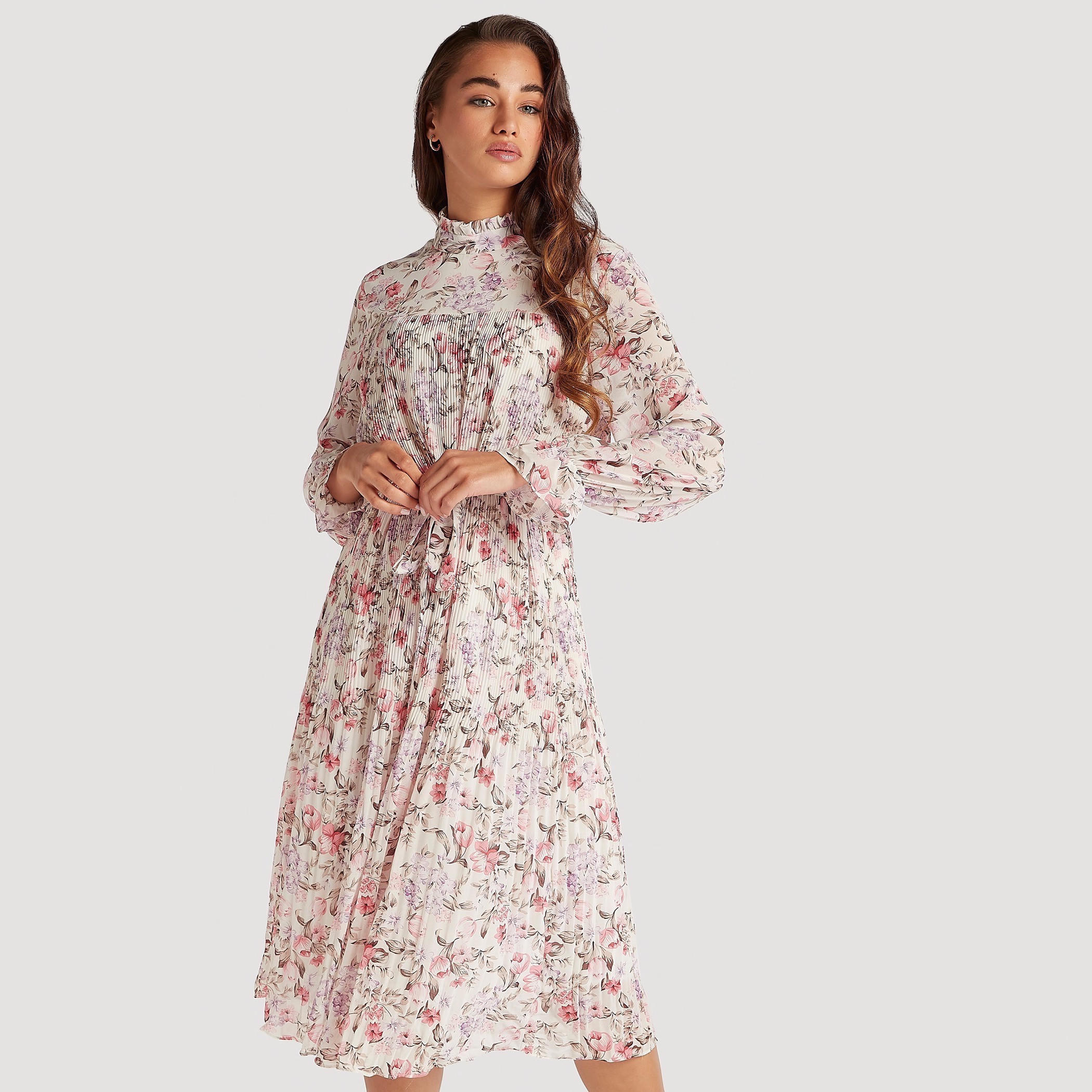 فستان ميدي إيه لاين بطبعات أزهار وياقة بكشكشة من تو إكستريمز-women-clothing-dresses-image-1