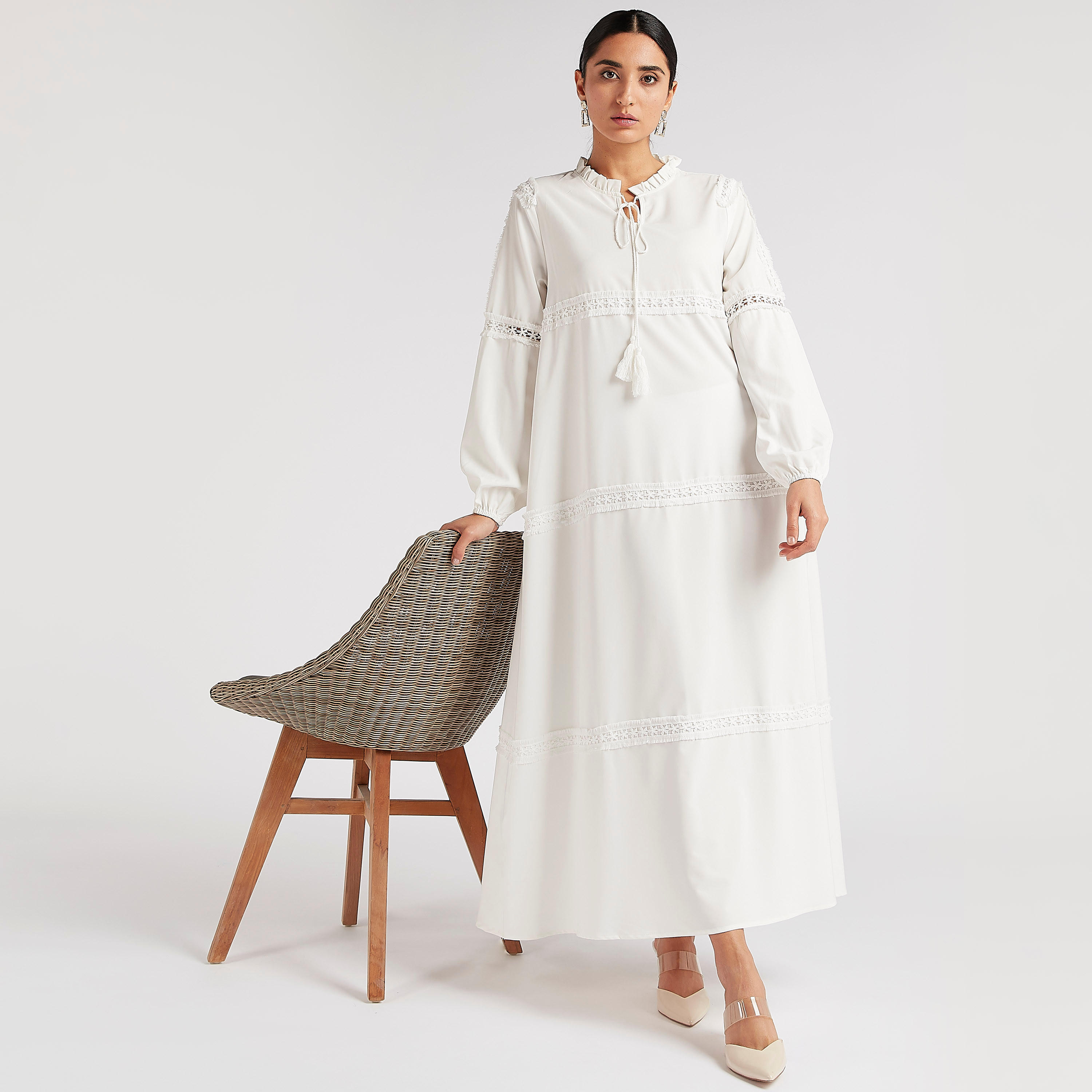 فستان إية لاين طويل سادة بتفاصيل وياقة بأربطة من تو إكستريمز-women-clothing-dresses-image-1