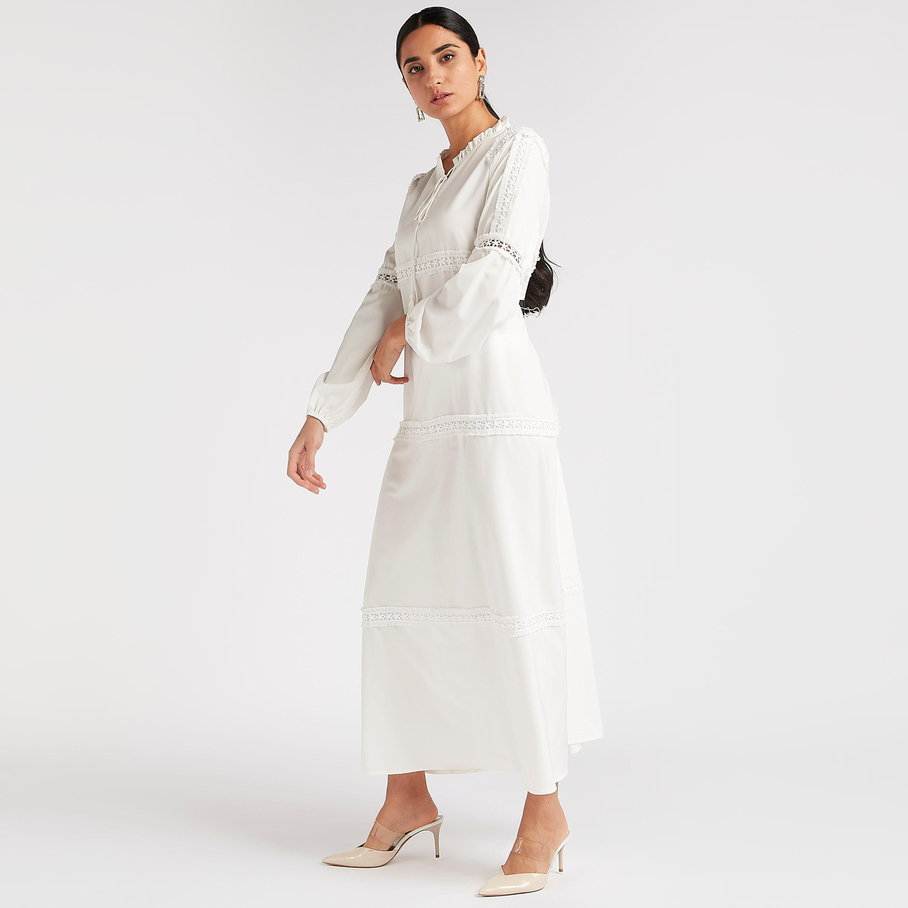 فستان إية لاين طويل سادة بتفاصيل وياقة بأربطة من تو إكستريمز-women-clothing-dresses-image-2