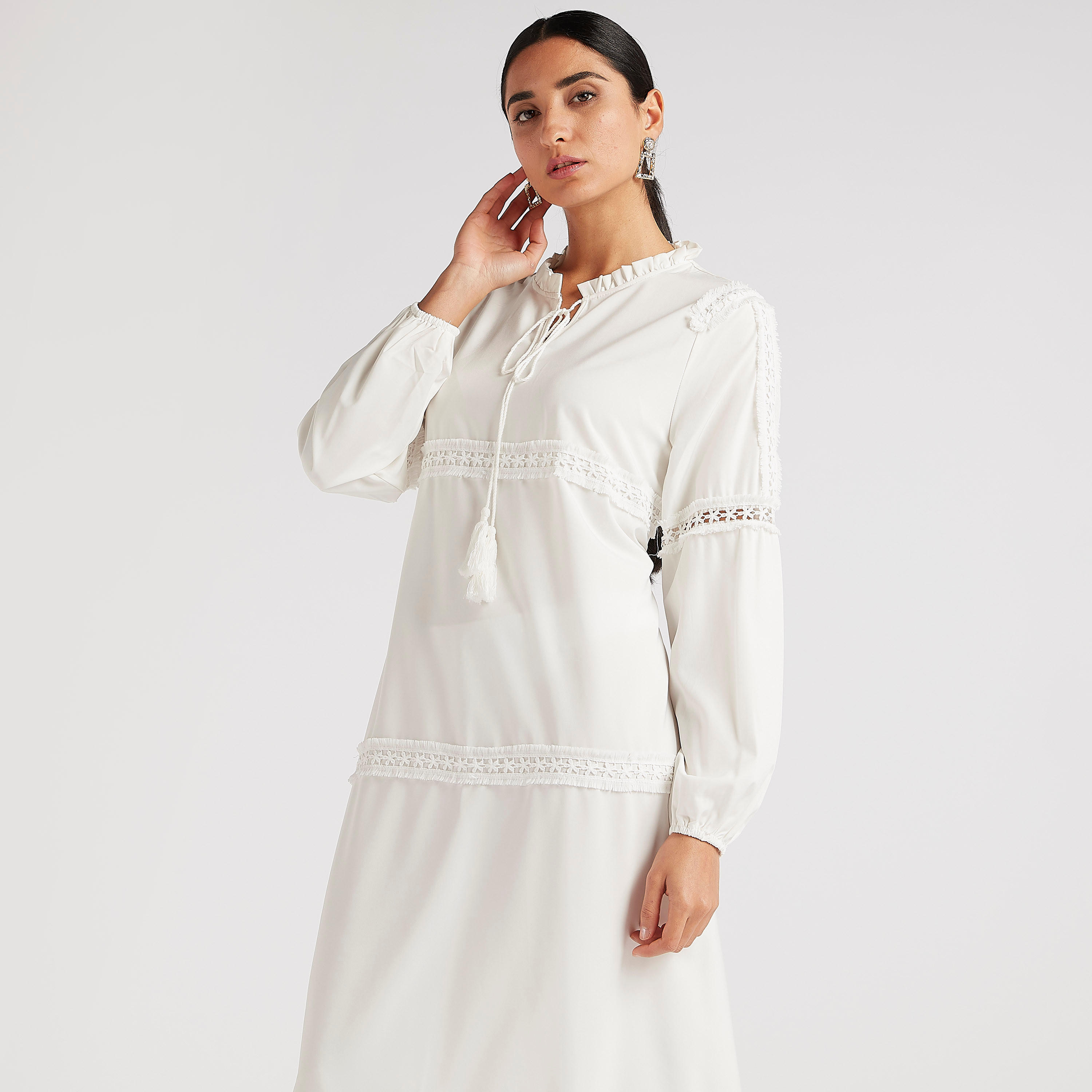 فستان إية لاين طويل سادة بتفاصيل وياقة بأربطة من تو إكستريمز-women-clothing-dresses-image-5