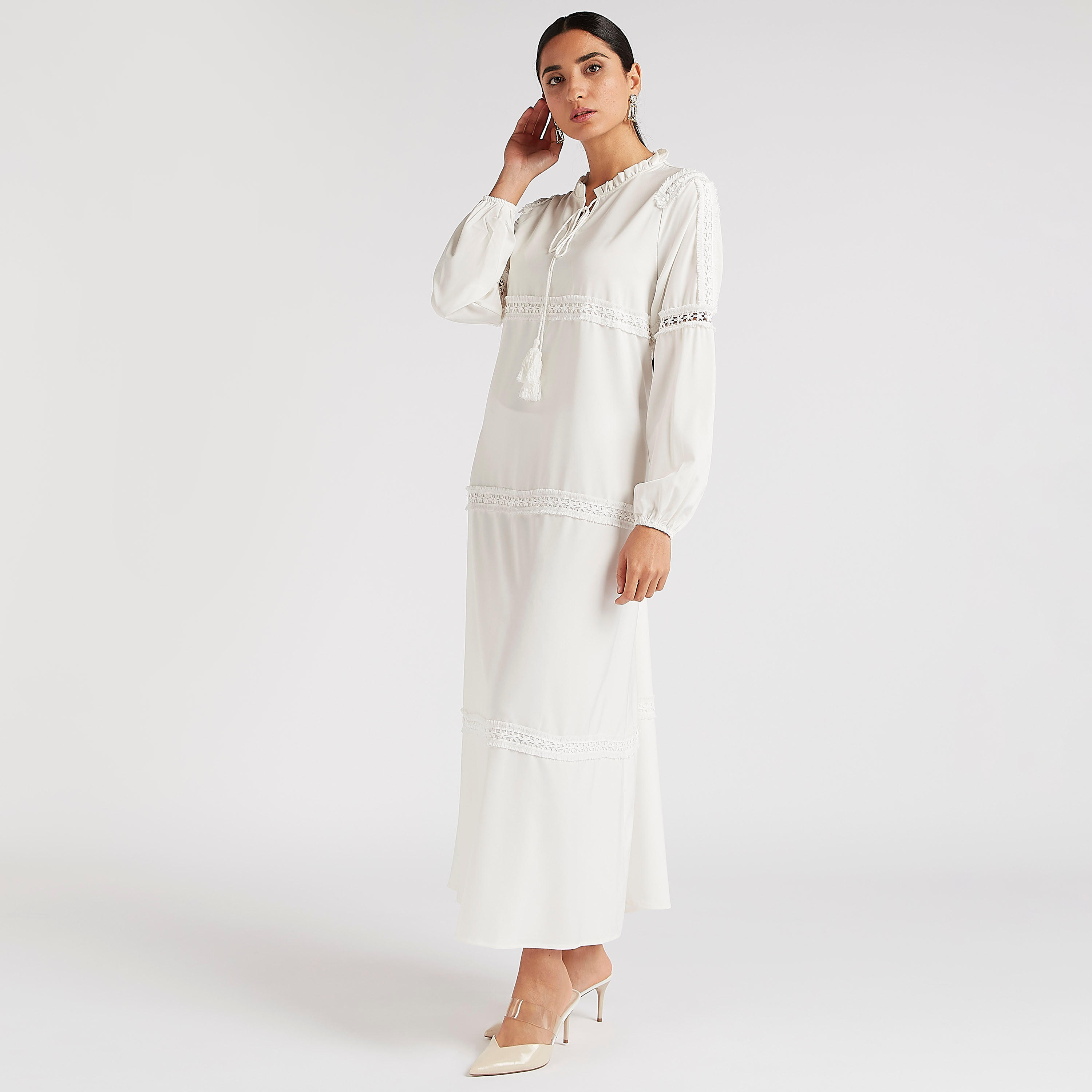 فستان إية لاين طويل سادة بتفاصيل وياقة بأربطة من تو إكستريمز-women-clothing-dresses-image-8