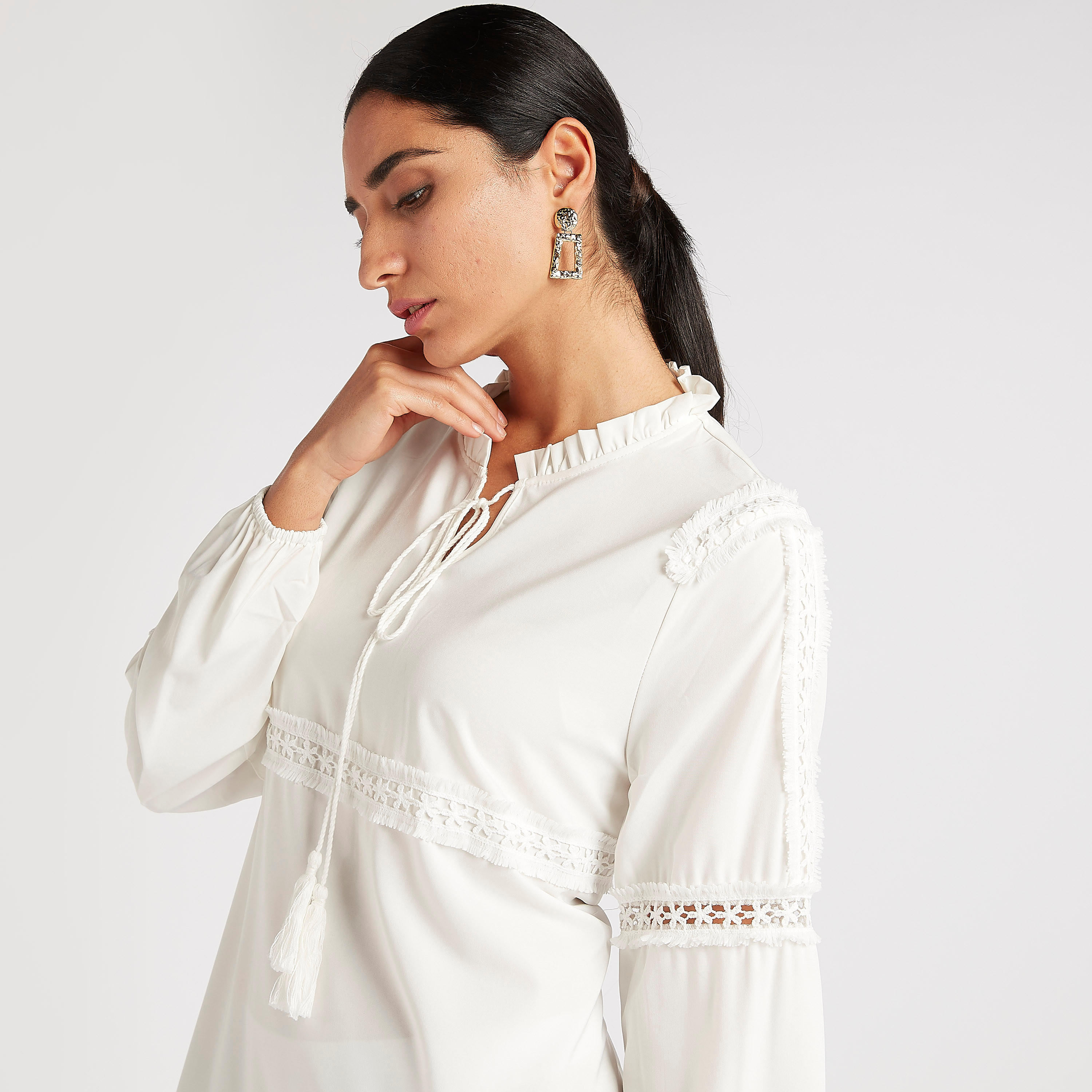 فستان إية لاين طويل سادة بتفاصيل وياقة بأربطة من تو إكستريمز-women-clothing-dresses-image-9