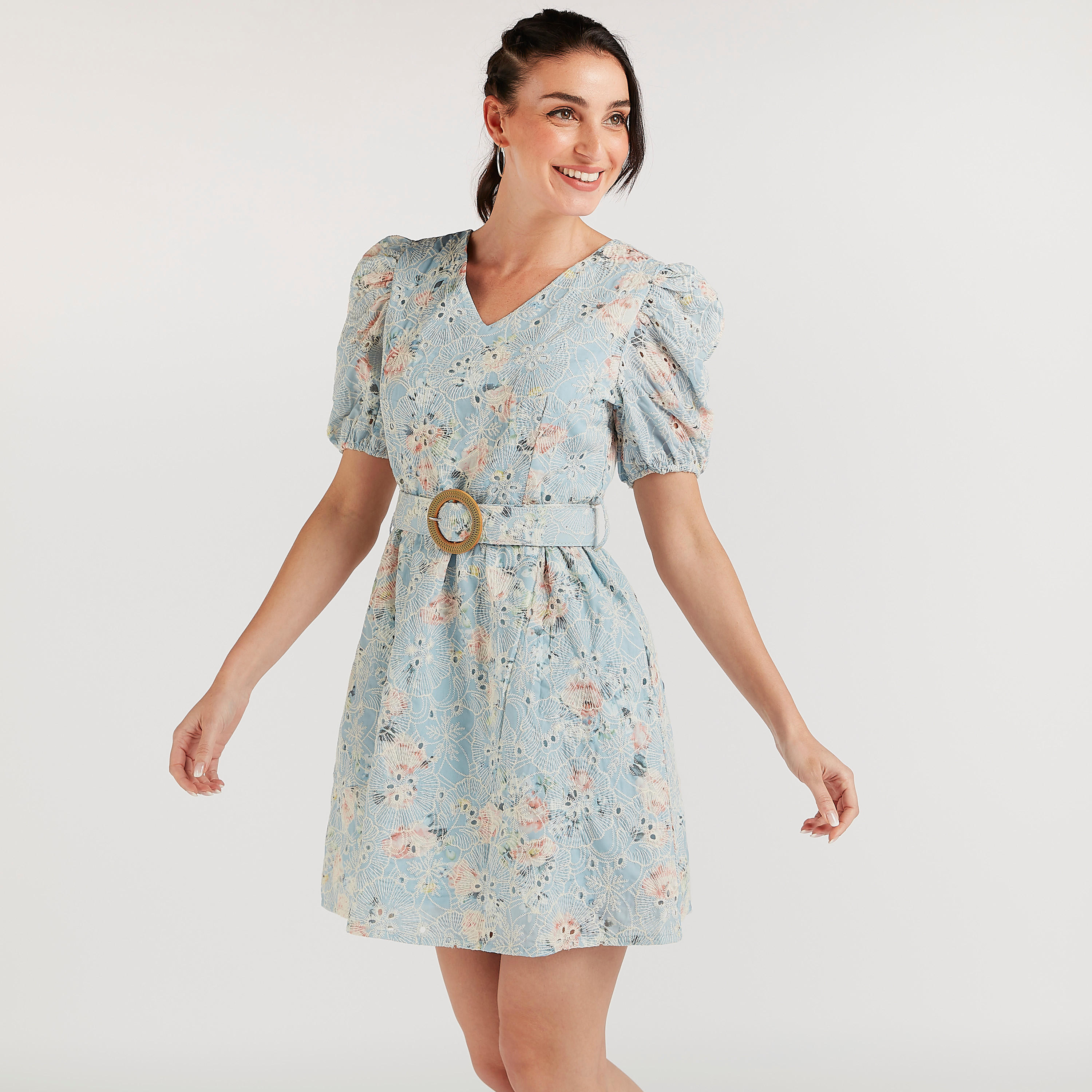 فستان قصير إيه لاين مطرّز بحزام مع أكمام منفوخة من تو إكستريمز-women-clothing-dresses-image-1