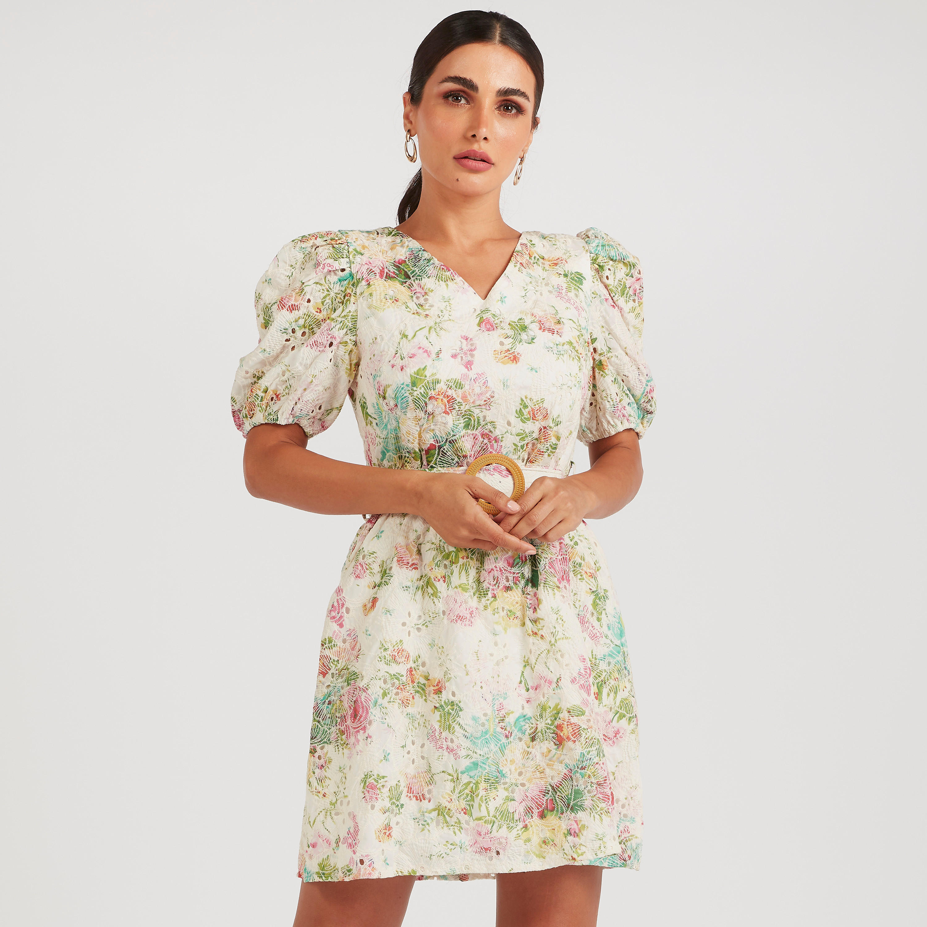 2Xtremz Floral Print Belted Mini A-line Dress with Puff Sleeves-women-clothing-dresses-image-1