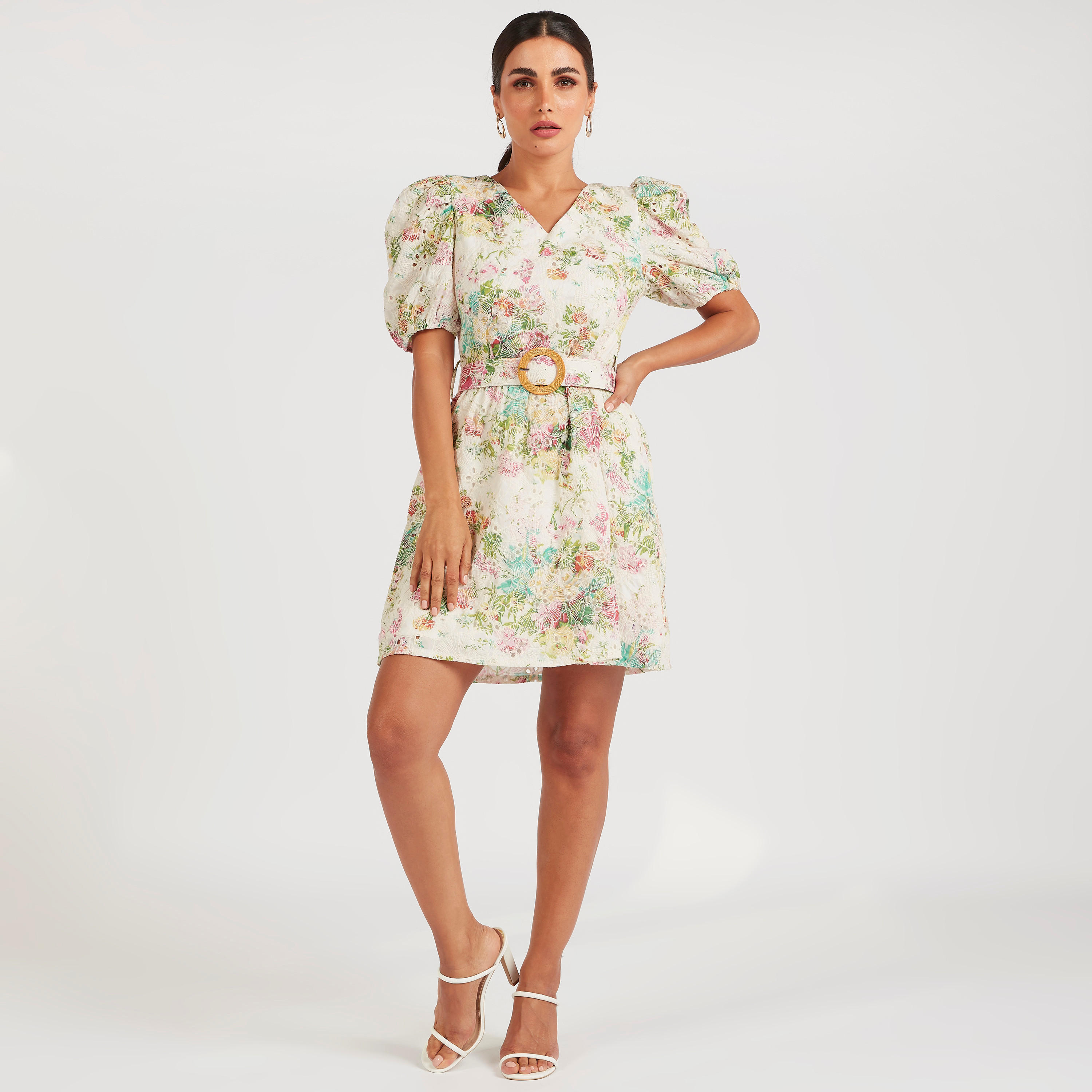 2Xtremz Floral Print Belted Mini A-line Dress with Puff Sleeves-women-clothing-dresses-image-2