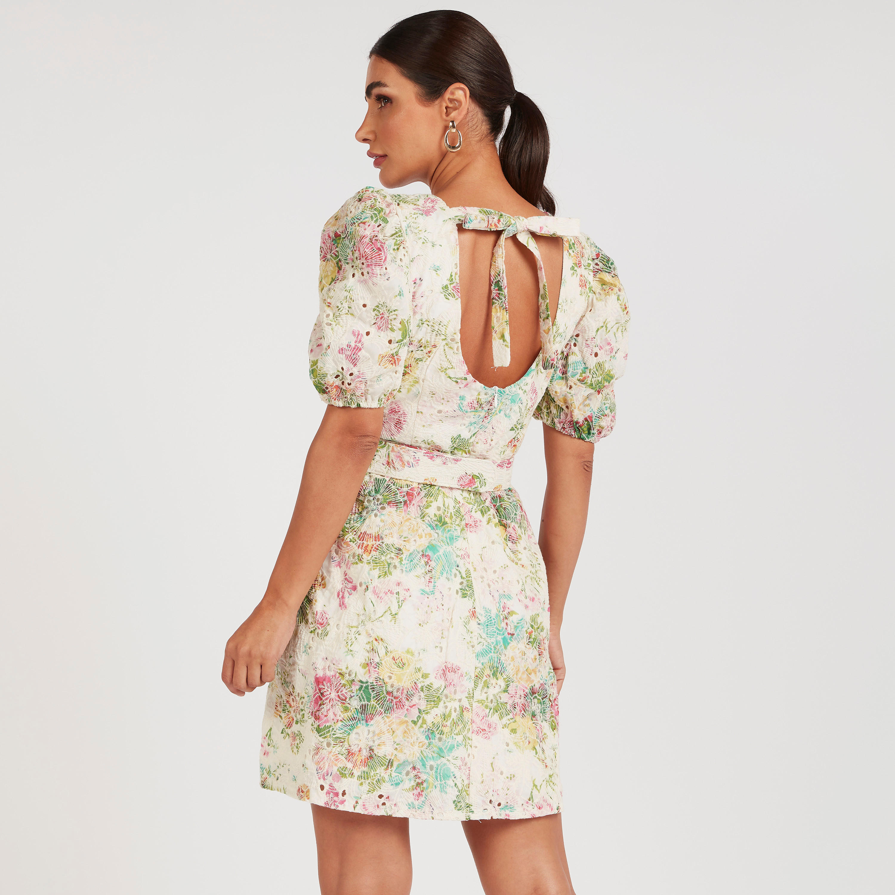 2Xtremz Floral Print Belted Mini A-line Dress with Puff Sleeves-women-clothing-dresses-image-4