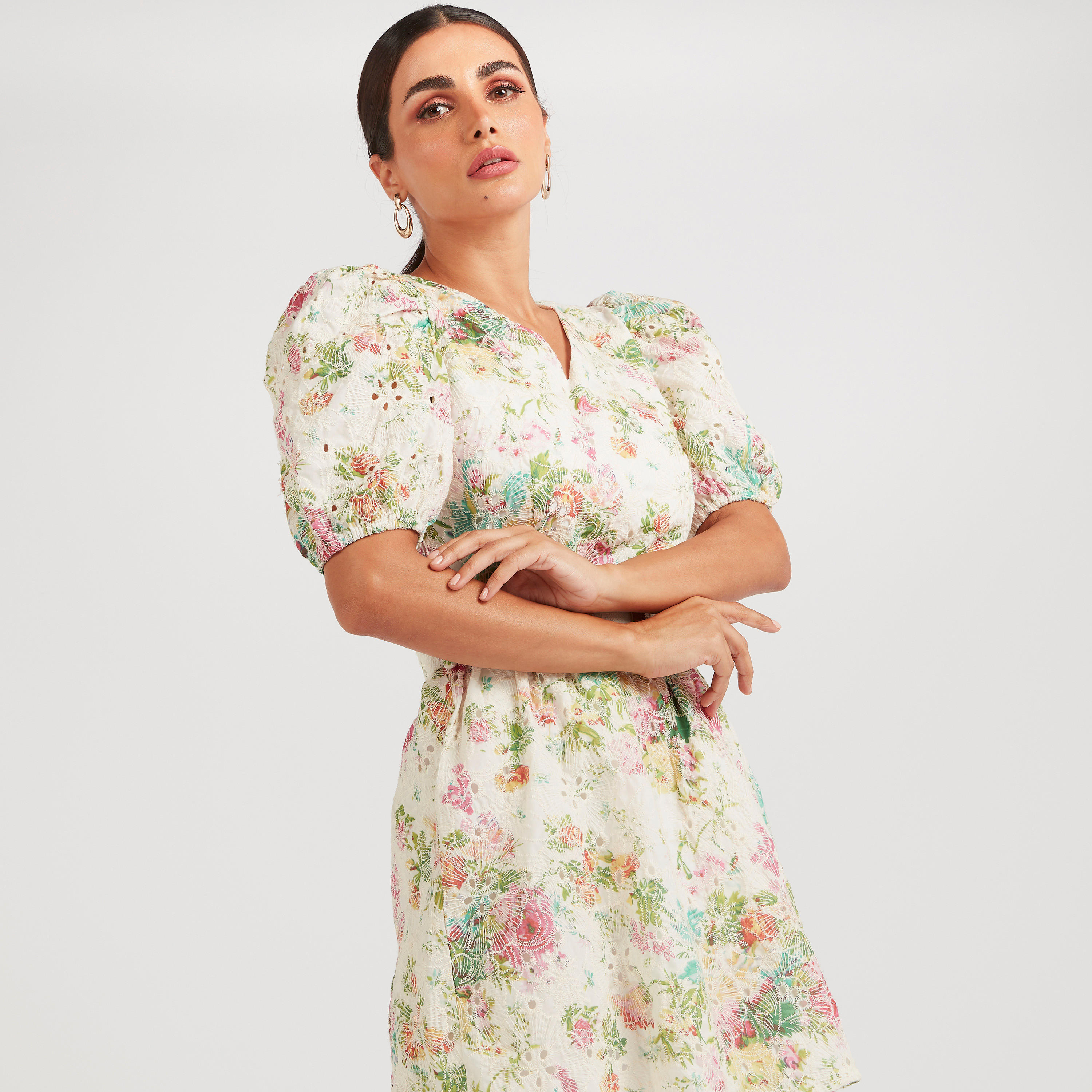 2Xtremz Floral Print Belted Mini A-line Dress with Puff Sleeves-women-clothing-dresses-image-5
