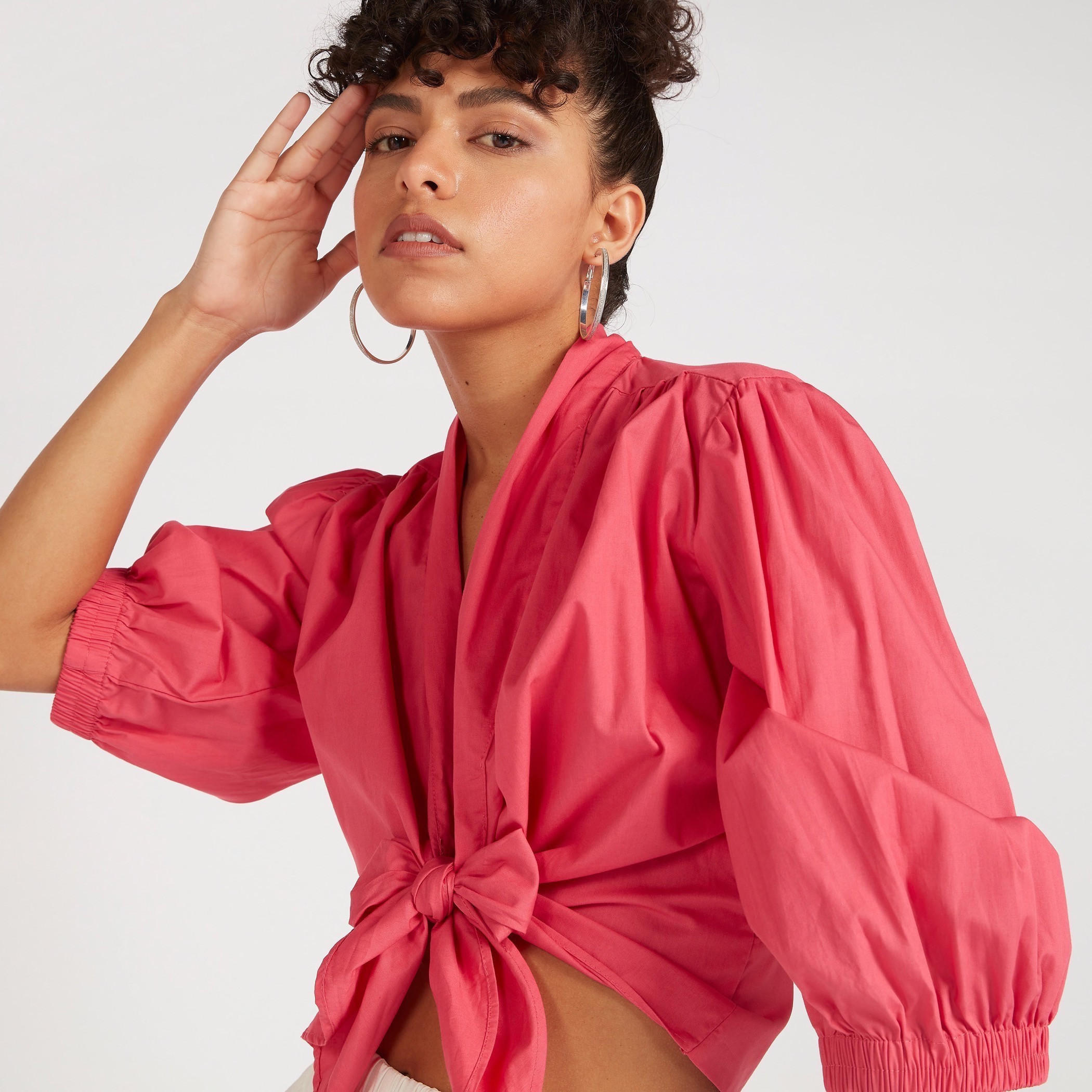 2Xtremz Solid Crop Top with Puff Sleeves and Front Tie-Ups-women-clothing-shirtsandblouses-blouses-image-1