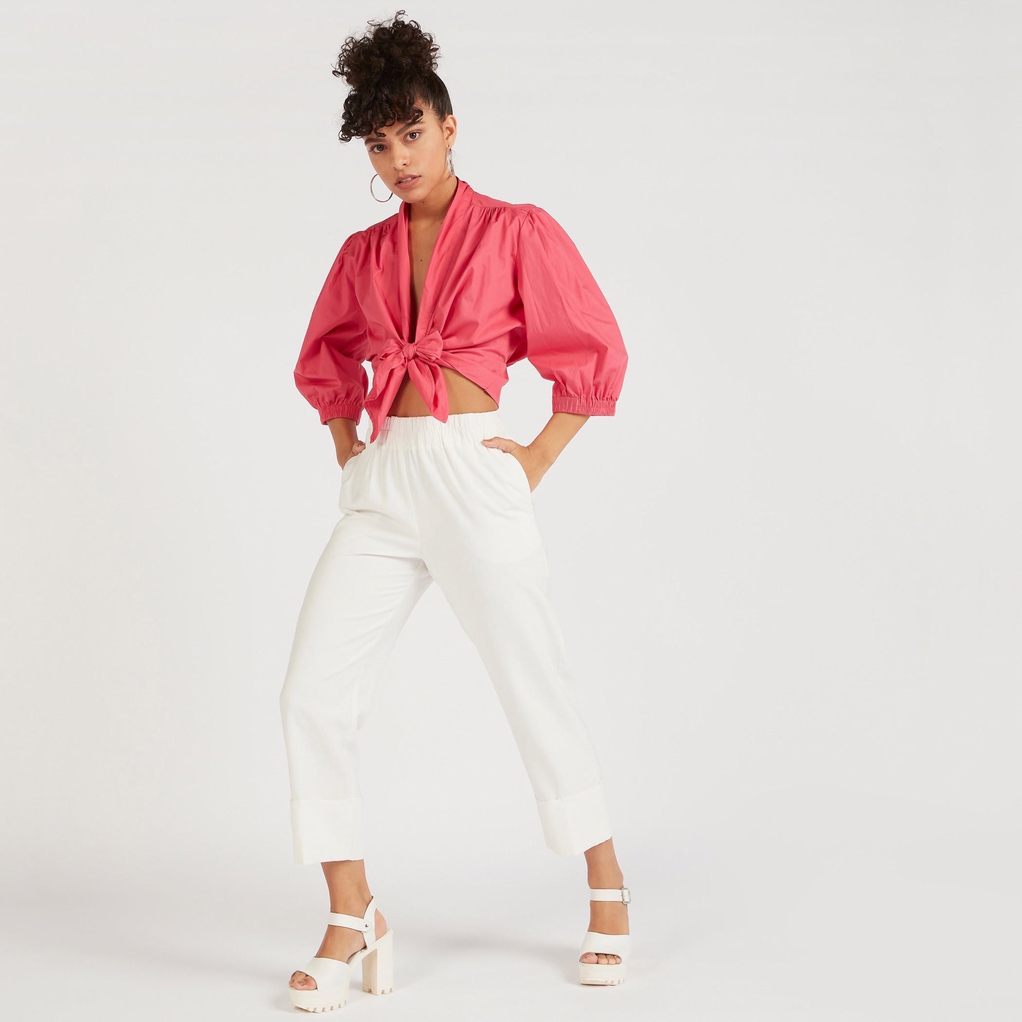 2Xtremz Solid Crop Top with Puff Sleeves and Front Tie-Ups-women-clothing-shirtsandblouses-blouses-image-2