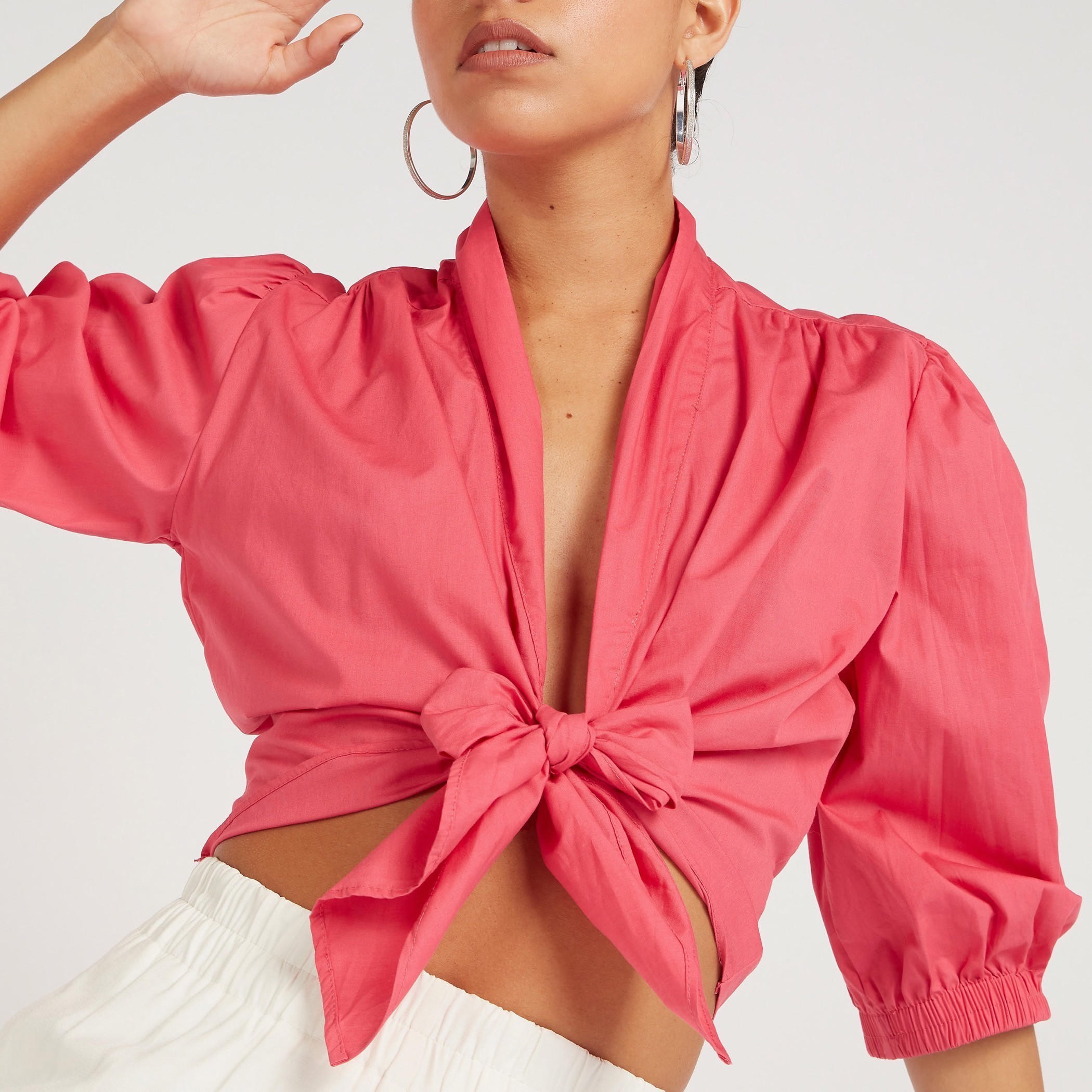 2Xtremz Solid Crop Top with Puff Sleeves and Front Tie-Ups-women-clothing-shirtsandblouses-blouses-image-3