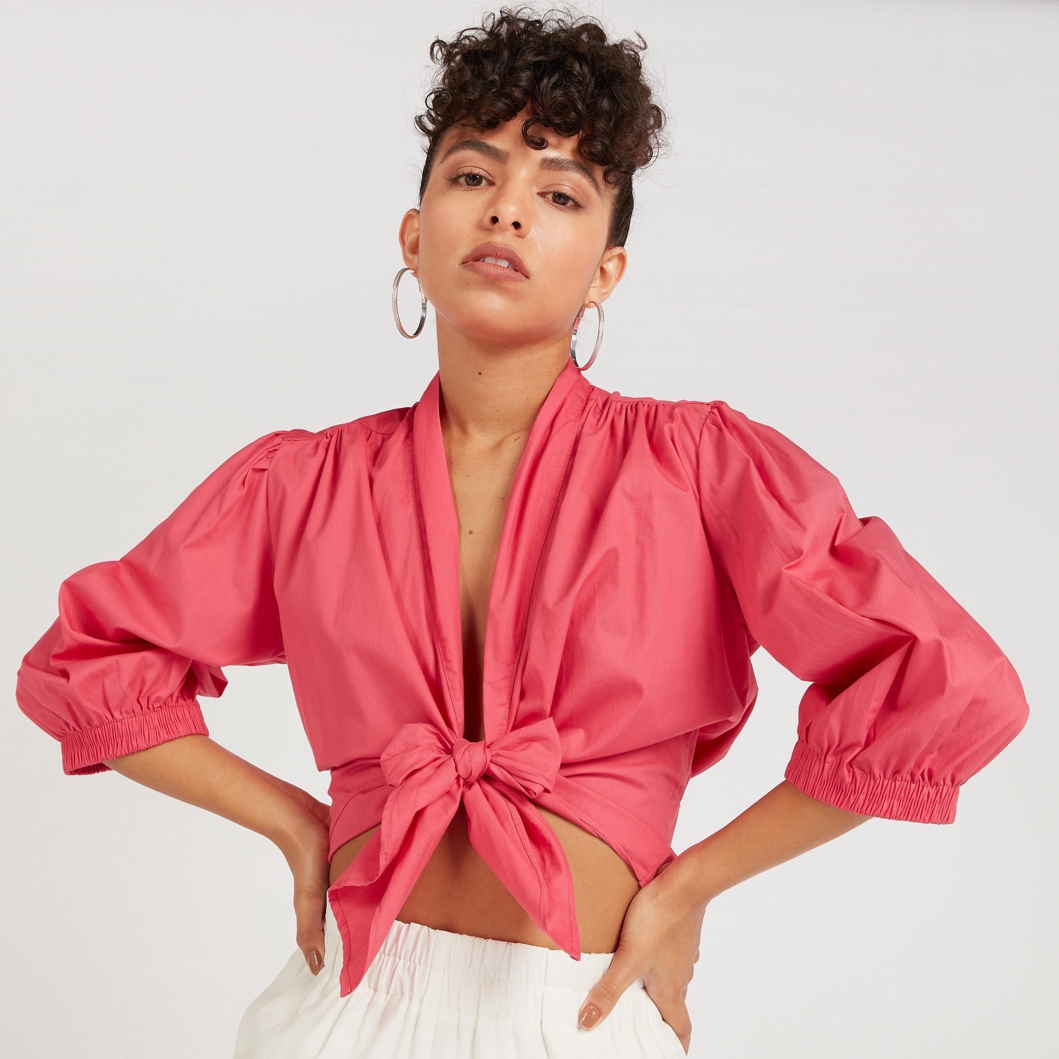 2Xtremz Solid Crop Top with Puff Sleeves and Front Tie-Ups-women-clothing-shirtsandblouses-blouses-image-5