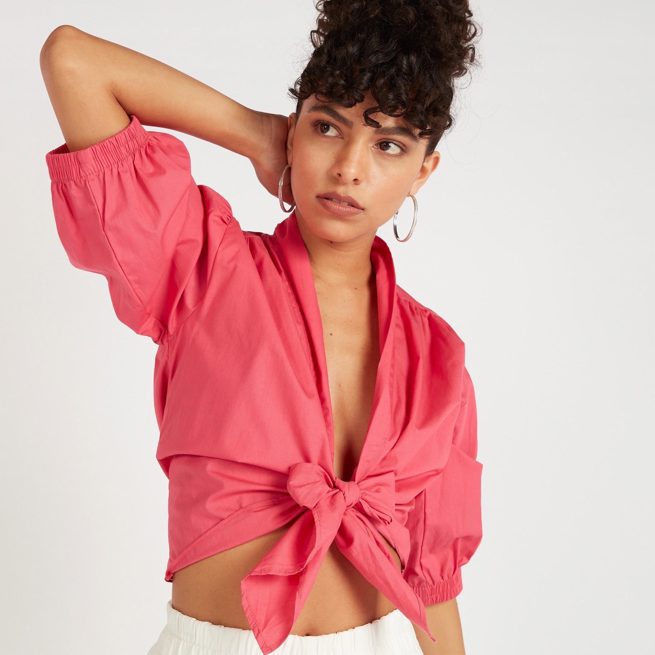 2Xtremz Solid Crop Top with Puff Sleeves and Front Tie-Ups-women-clothing-shirtsandblouses-blouses-image-6