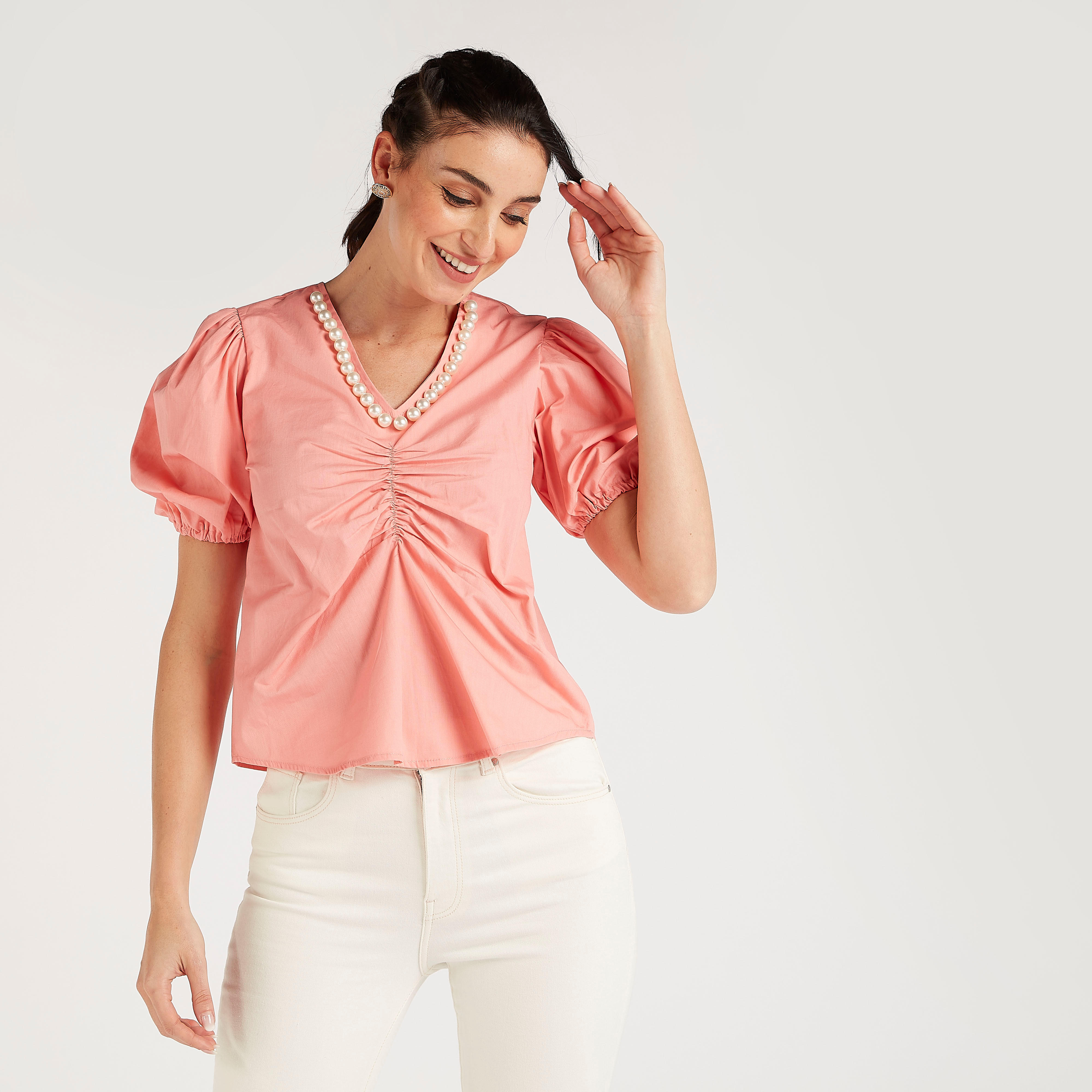 2Xtremz Embellished V-neck Top with Short Puff Sleeves-women-clothing-shirtsandblouses-blouses-image-1